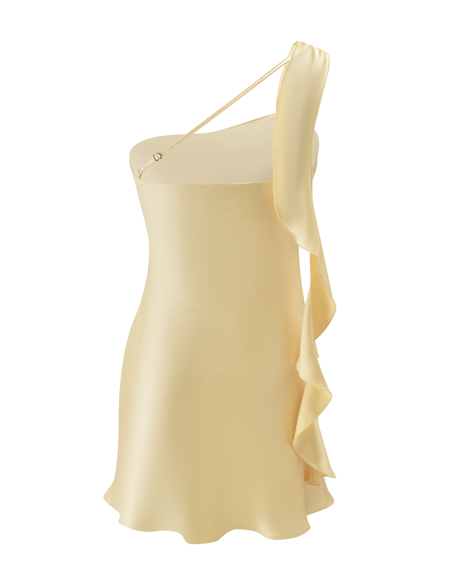 The RAINEY MINI DRESS - BUTTER by TIGERMIST is a pale yellow satin mini dress with an asymmetrical one-shoulder design, dramatic side waterfall ruffle, and a curve-flattering fitted silhouette.