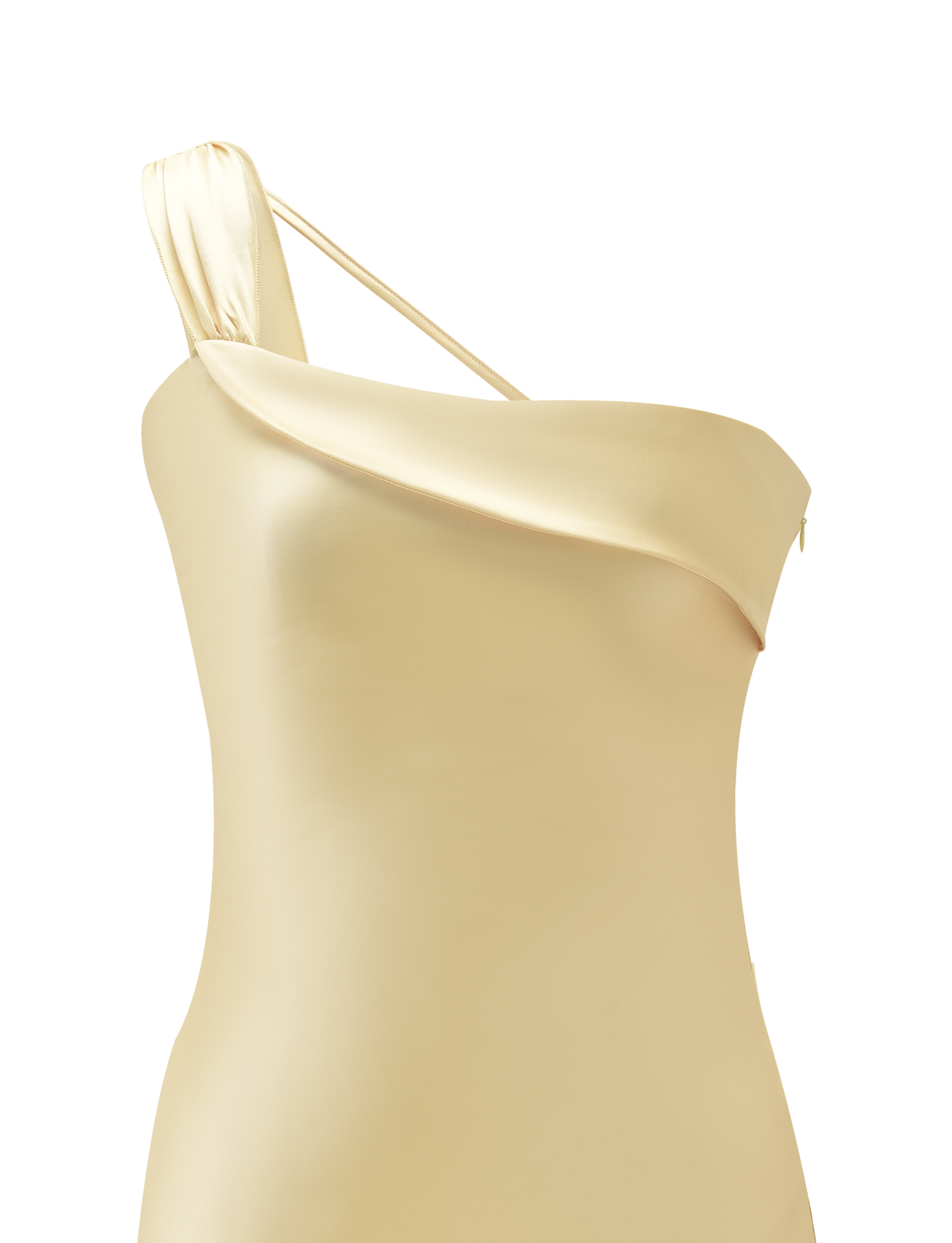 A close-up of the TIGERMIST RAINEY MINI DRESS in Butter, a one-shoulder satin dress with a draped neckline, asymmetric strap, and subtle waterfall ruffle detail, displayed on a plain white background.