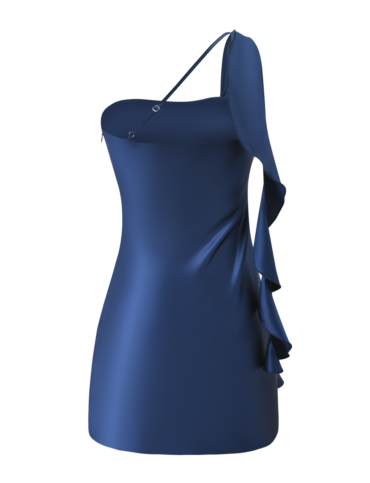 The RAINEY MINI DRESS - NAVY by TIGERMIST is a chic, one-shoulder satin mini dress with a fitted silhouette, thin strap, and dramatic waterfall ruffle—your perfect navy blue party look.