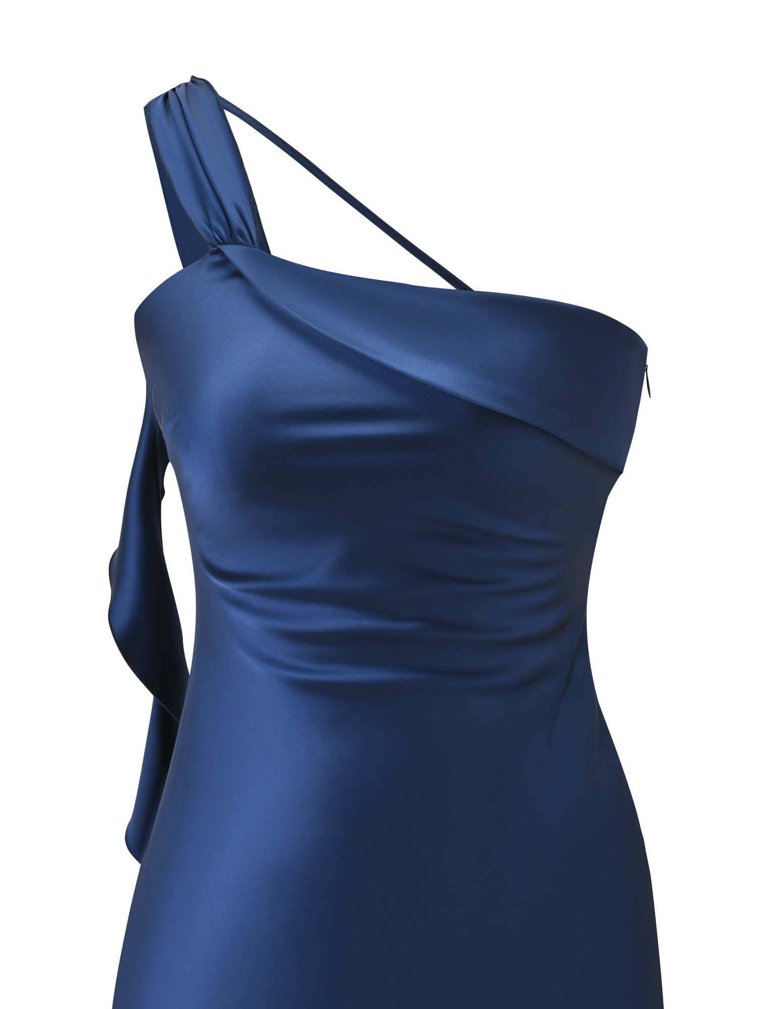 A close-up of the TIGERMIST RAINEY MINI DRESS in navy, showing its satin one-shoulder design with asymmetric thick and thin straps, draped bodice, and elegant waterfall ruffle details.