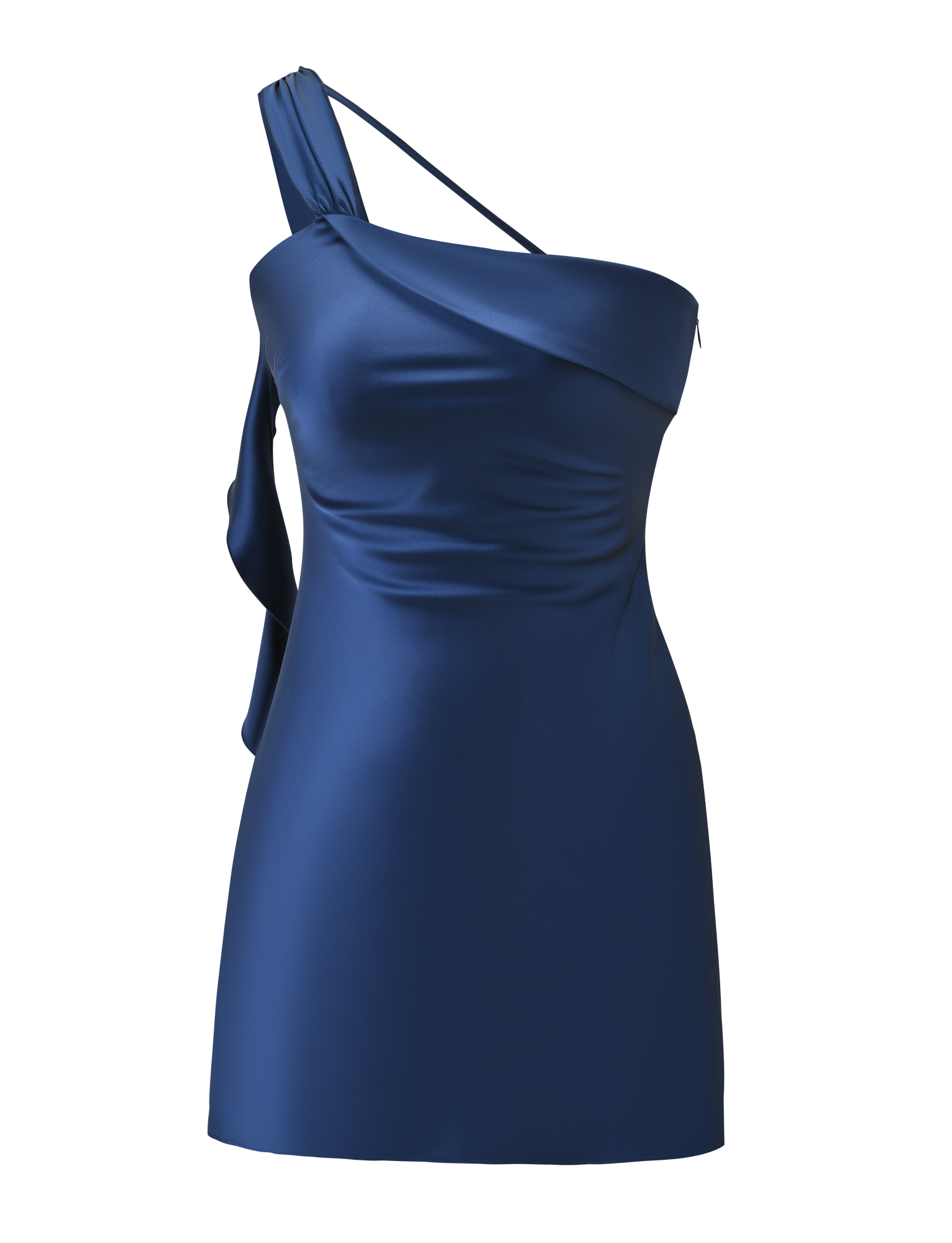The RAINEY MINI DRESS - NAVY by TIGERMIST is a shiny navy blue mini dress with a fitted silhouette, one-shoulder satin design, and a single thin left strap, shown on a plain white background.