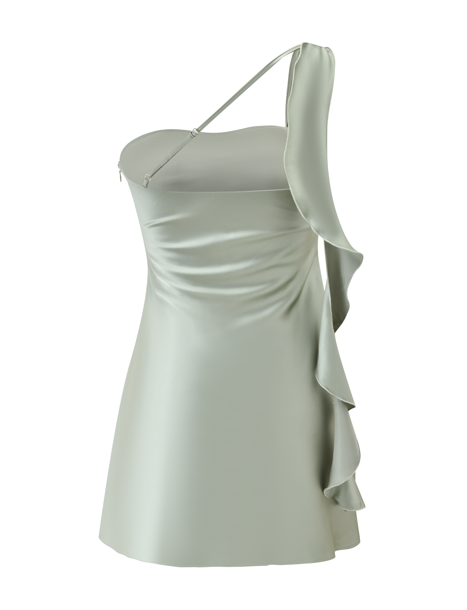 The RAINEY MINI DRESS - PISTACHIO by TIGERMIST is a pastel green satin mini dress featuring an asymmetrical neckline, one thin shoulder strap, and a striking waterfall ruffle down one side.