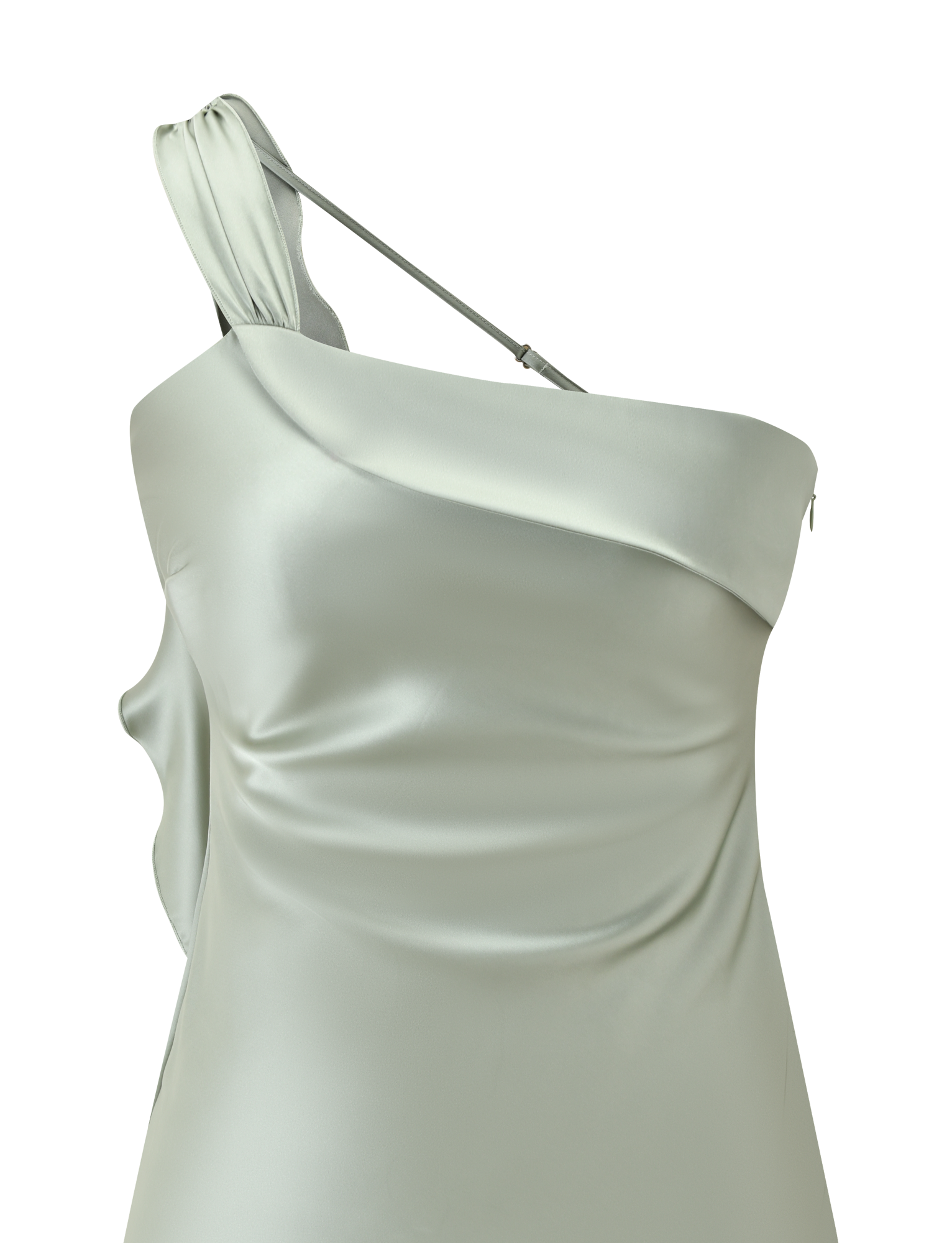 A close-up of the TIGERMIST RAINEY MINI DRESS in pistachio, featuring an asymmetric neckline, one thin strap, and a draped waterfall ruffle on one shoulder.