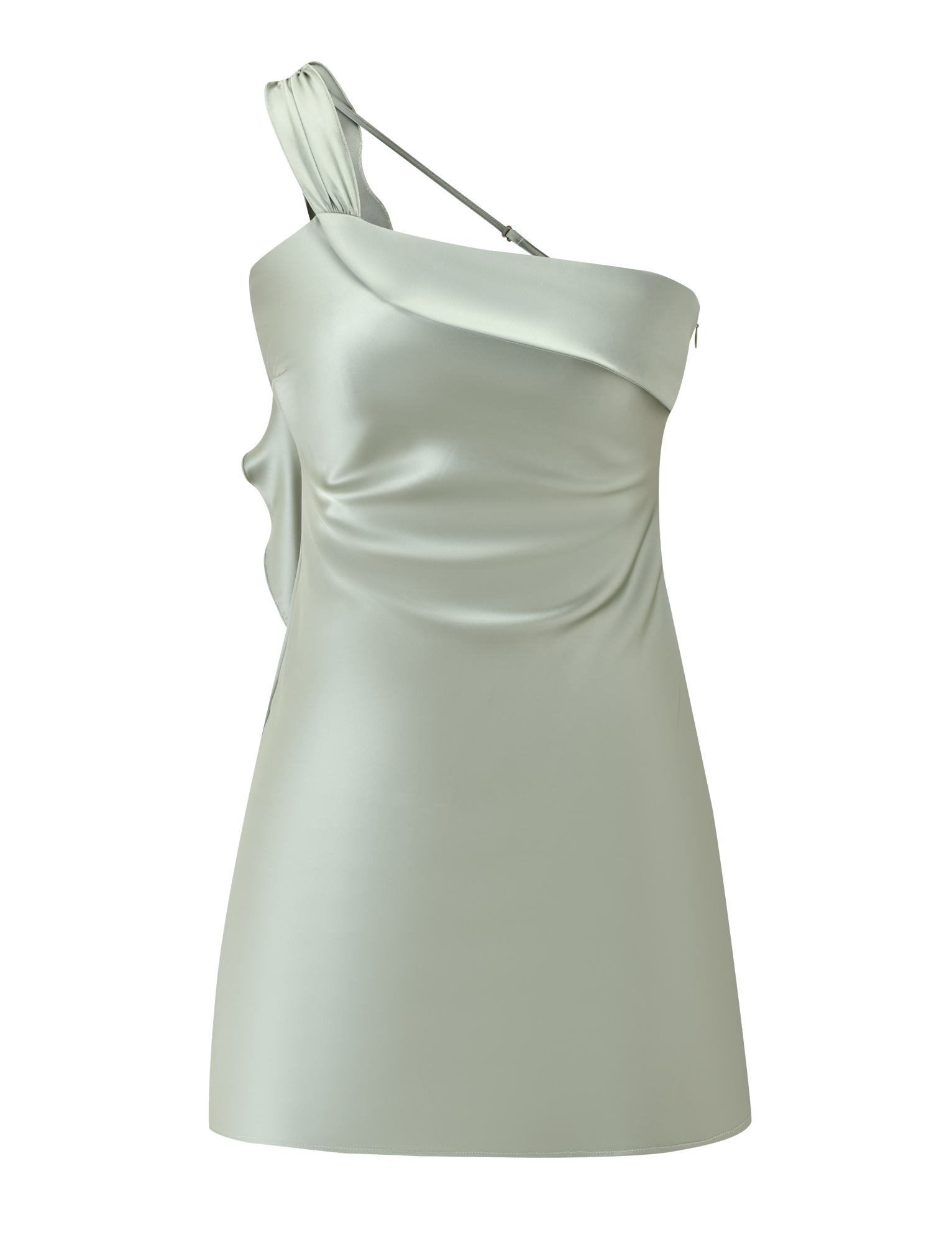 The RAINEY MINI DRESS in Pistachio by TIGERMIST is a pastel green, one-shoulder satin mini dress with a smooth draped finish and an asymmetric silhouette, featuring elegant waterfall ruffle details across the chest and side.