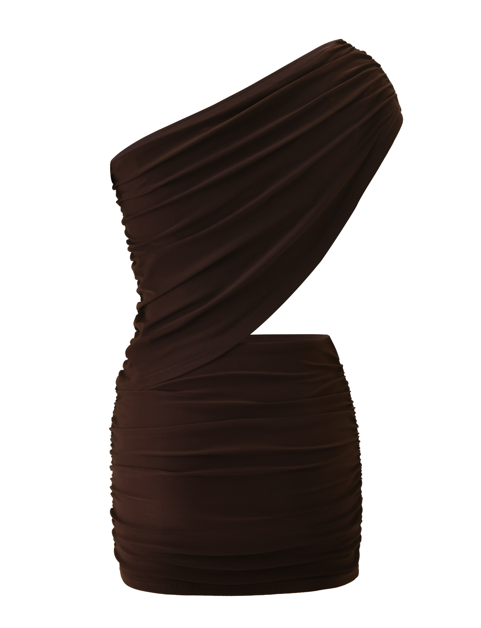 The TIGERMIST RYLAND DRAPED MINI DRESS in chocolate is a one-shoulder mini dress with ruched detailing, asymmetrical draping, and a fitted silhouette, shown against a plain white background.
