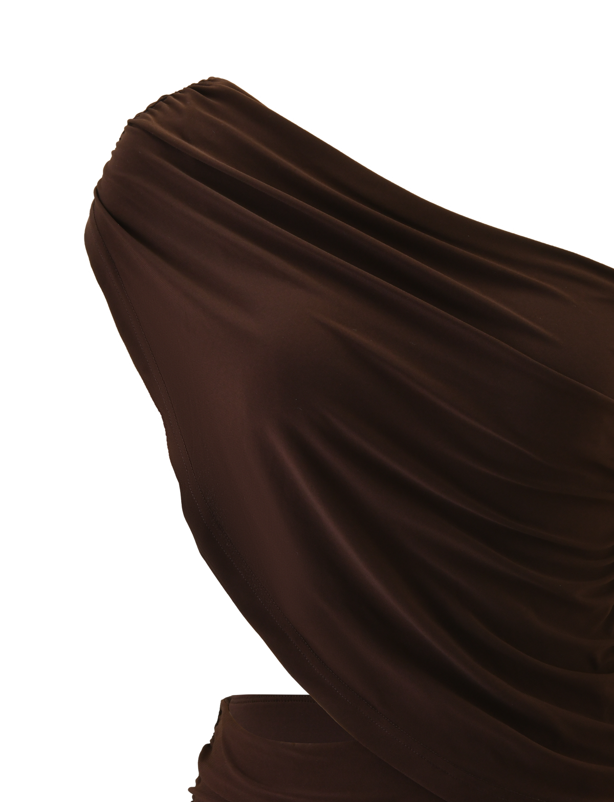 The TIGERMIST RYLAND DRAPED MINI DRESS in chocolate features a close-up view on a white background, showcasing its gathered fabric, one-shoulder draped design, and asymmetrical neckline.