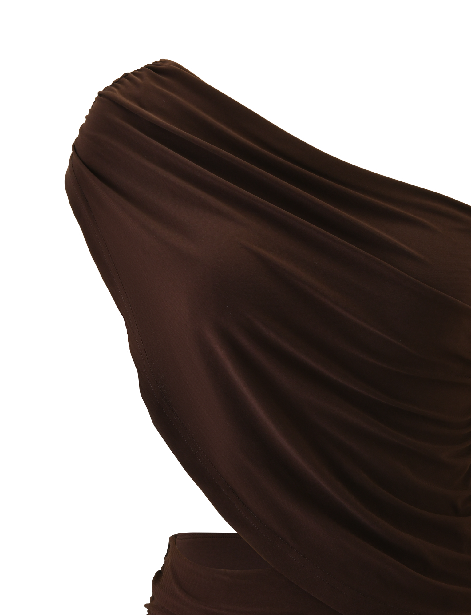 The TIGERMIST RYLAND DRAPED MINI DRESS in chocolate features a close-up view on a white background, showcasing its gathered fabric, one-shoulder draped design, and asymmetrical neckline.