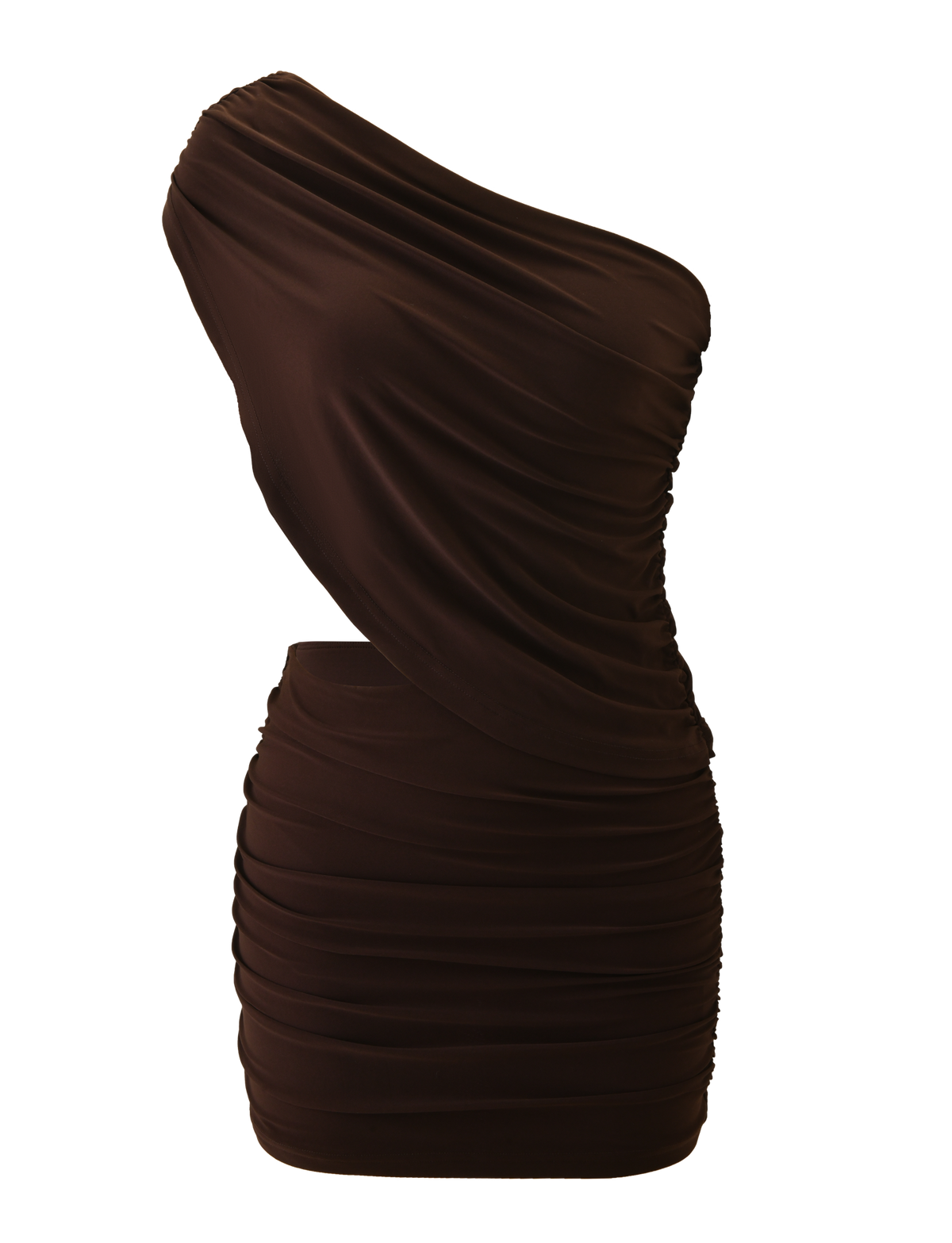 The TIGERMIST RYLAND DRAPED MINI DRESS in chocolate features a one shoulder design, ruched detailing, and a fitted silhouette, shown against a plain white background.