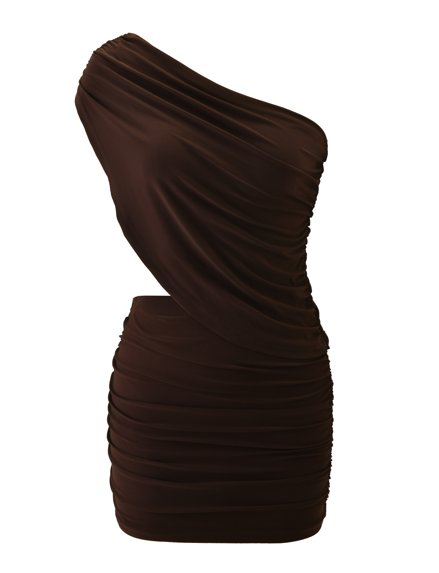 The TIGERMIST RYLAND DRAPED MINI DRESS in chocolate features a one shoulder design, ruched detailing, and a fitted silhouette, shown against a plain white background.