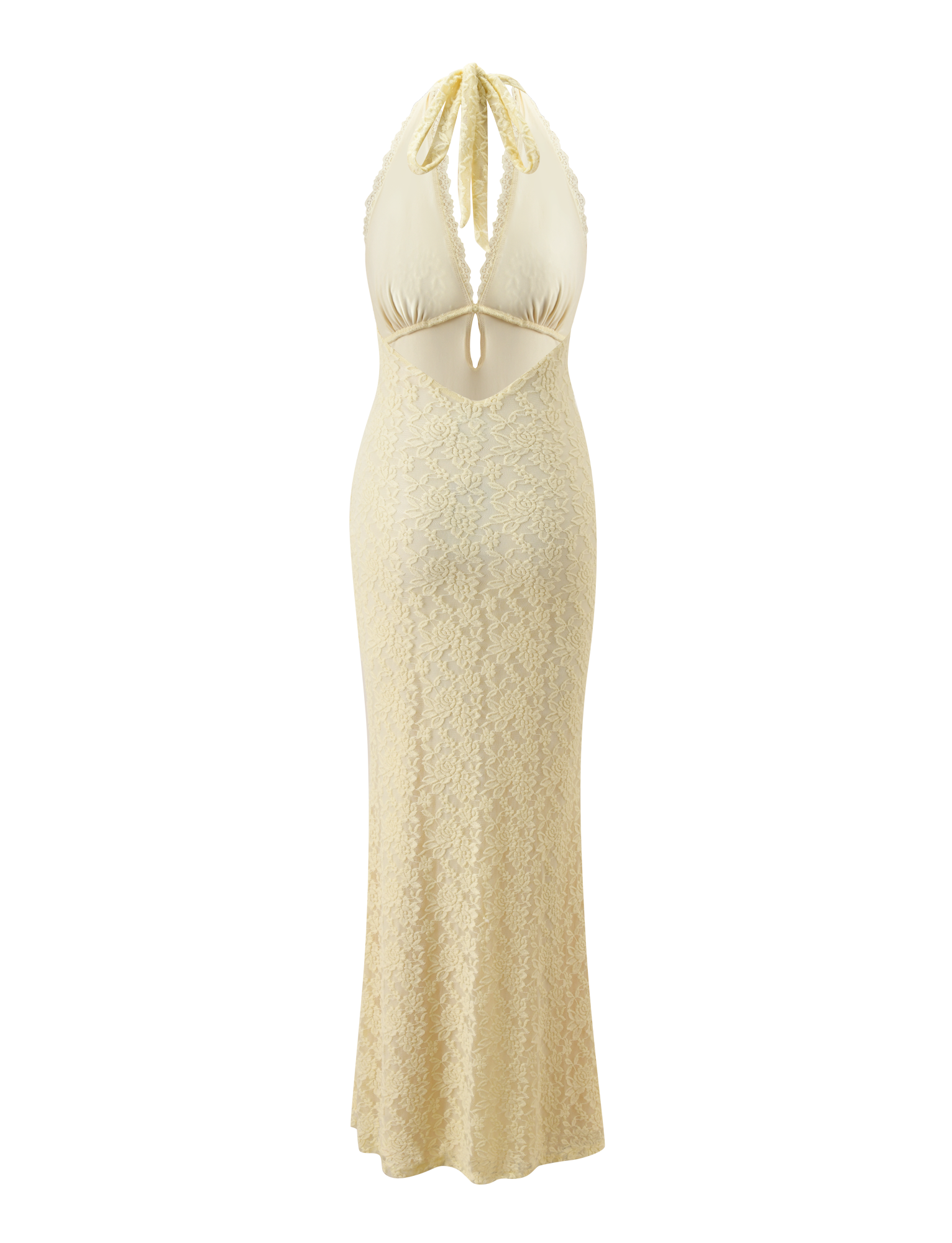The MAVEN LACE MAXI DRESS - PASTEL YELLOW by TIGERMIST is a long, sleeveless lace maxi with a halter neck, deep V-neckline, keyhole cutout below the bust, and a fitted silhouette that subtly flares at the hem.