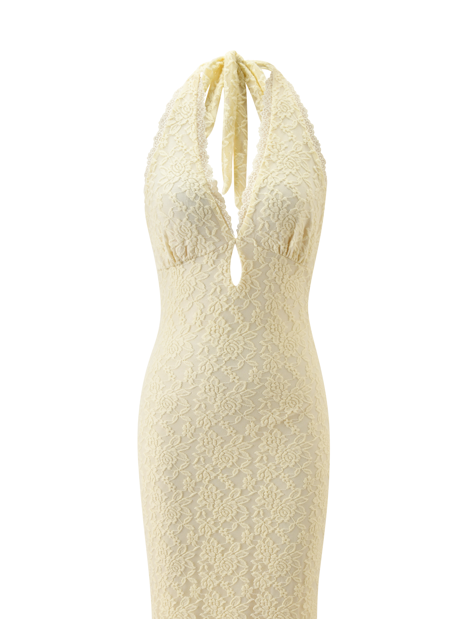 The MAVEN LACE MAXI DRESS - PASTEL YELLOW by TIGERMIST is a sleeveless, floor-length lace maxi with a plunging halter neckline, fitted silhouette, and keyhole cutout below the bust, shown on a white backdrop.