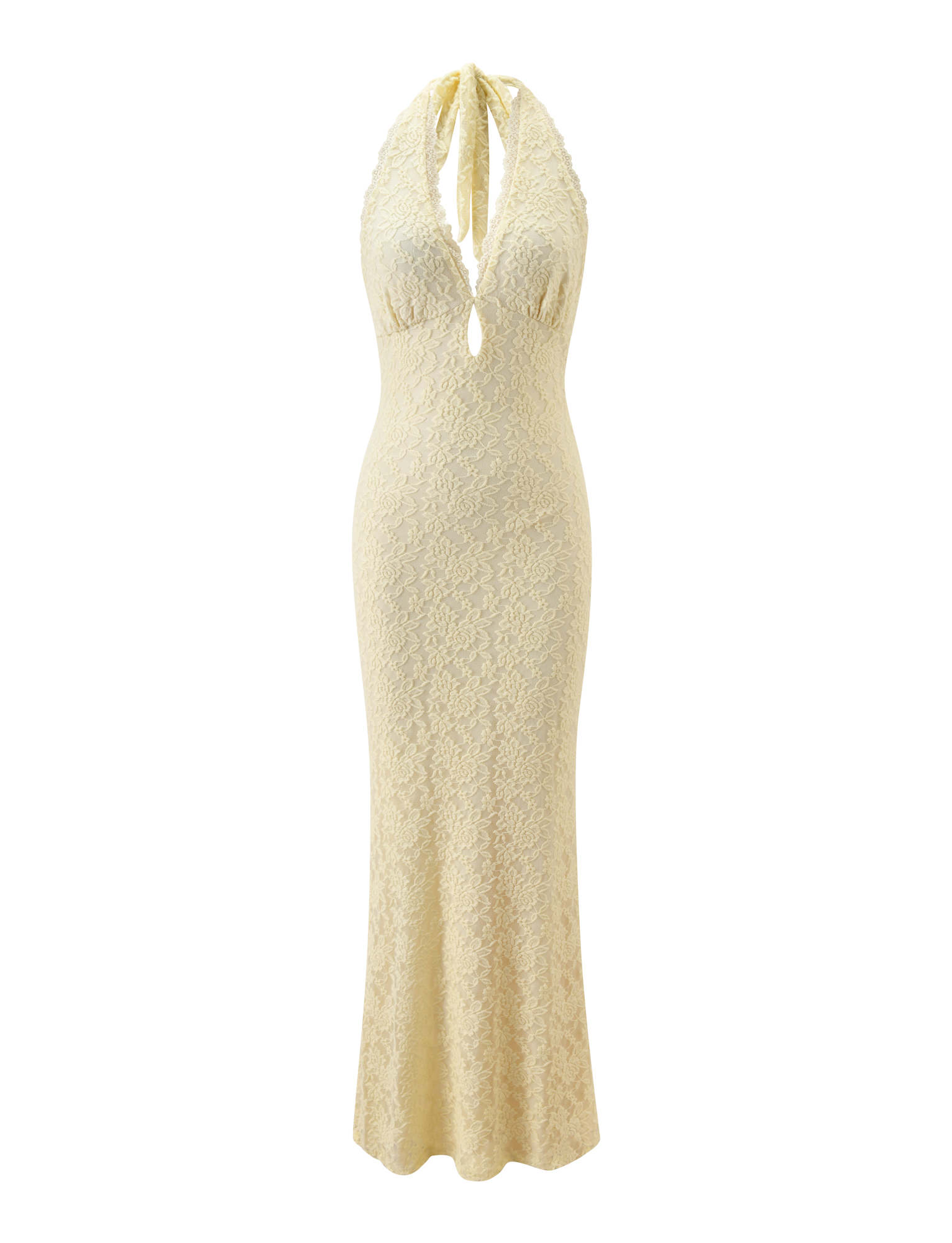 The TIGERMIST MAVEN LACE MAXI DRESS in pastel yellow is a sleeveless, floor-length dress with a deep V-neckline, halter neck tie, and a subtle keyhole cutout below the bust.