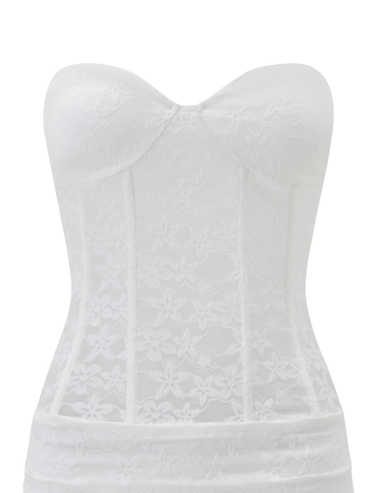 The TIGERMIST PETRA MINI DRESS in white lace features a strapless, corset-style bodice with floral patterns and structured boning, showcased elegantly against a plain white background.