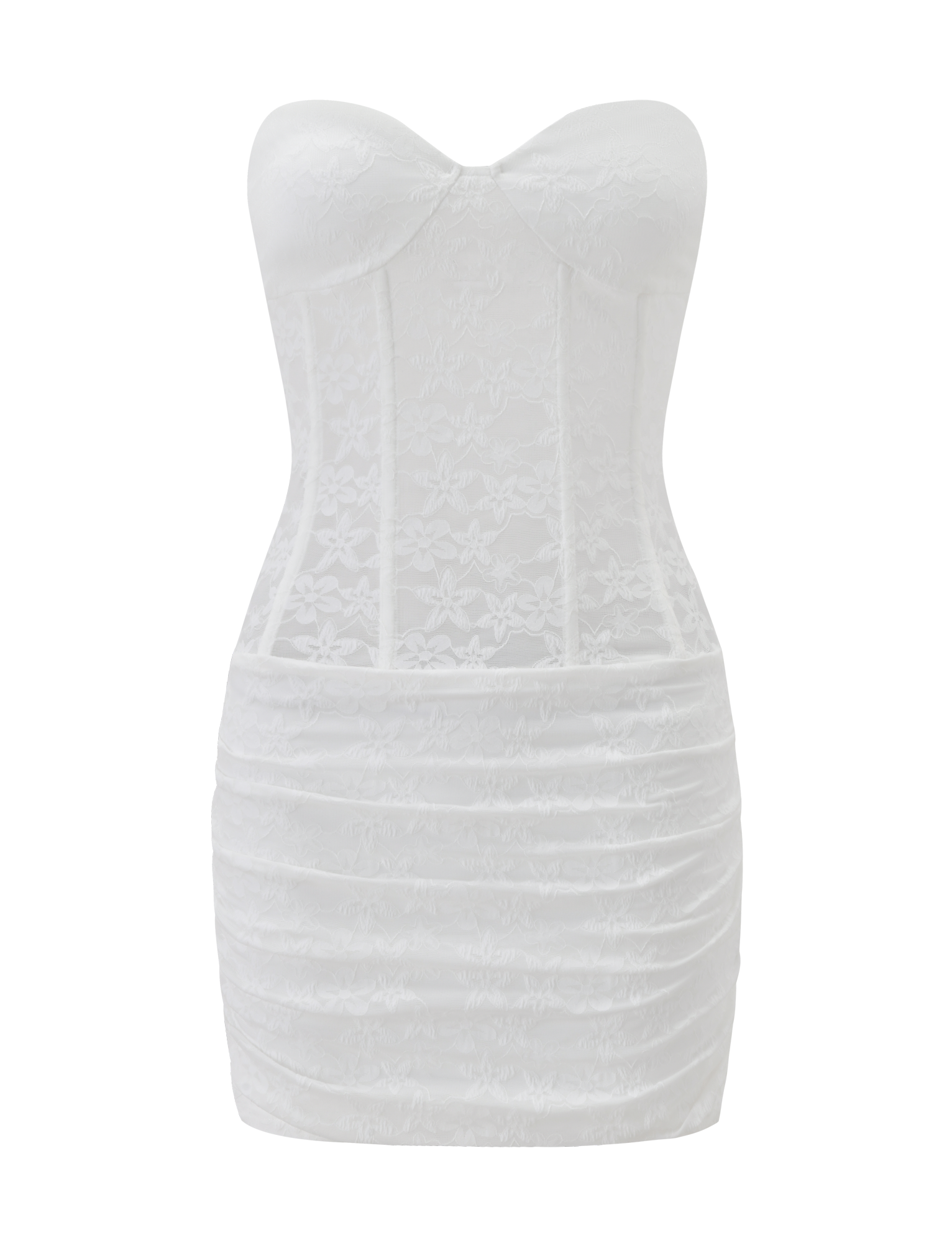 The PETRA MINI DRESS by TIGERMIST features a strapless sweetheart neckline, corset-style bodice, floral white lace, and a ruched mini skirt. Shown on a plain white background.