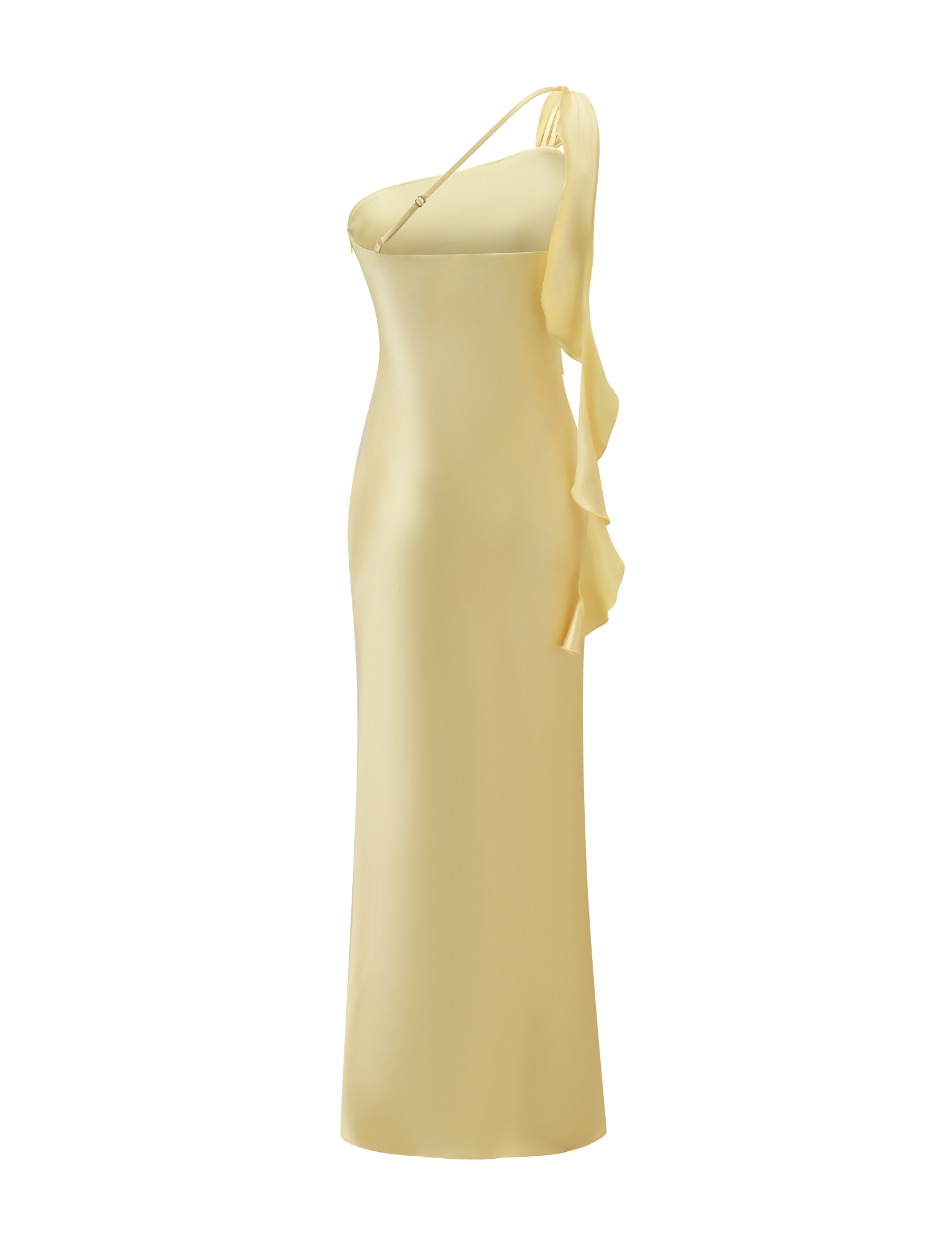 The RAINEY MAXI DRESS - BUTTER YELLOW by TIGERMIST is a satin, fitted, one-shoulder maxi dress with a dramatic back waterfall ruffle, shown against a plain white background.