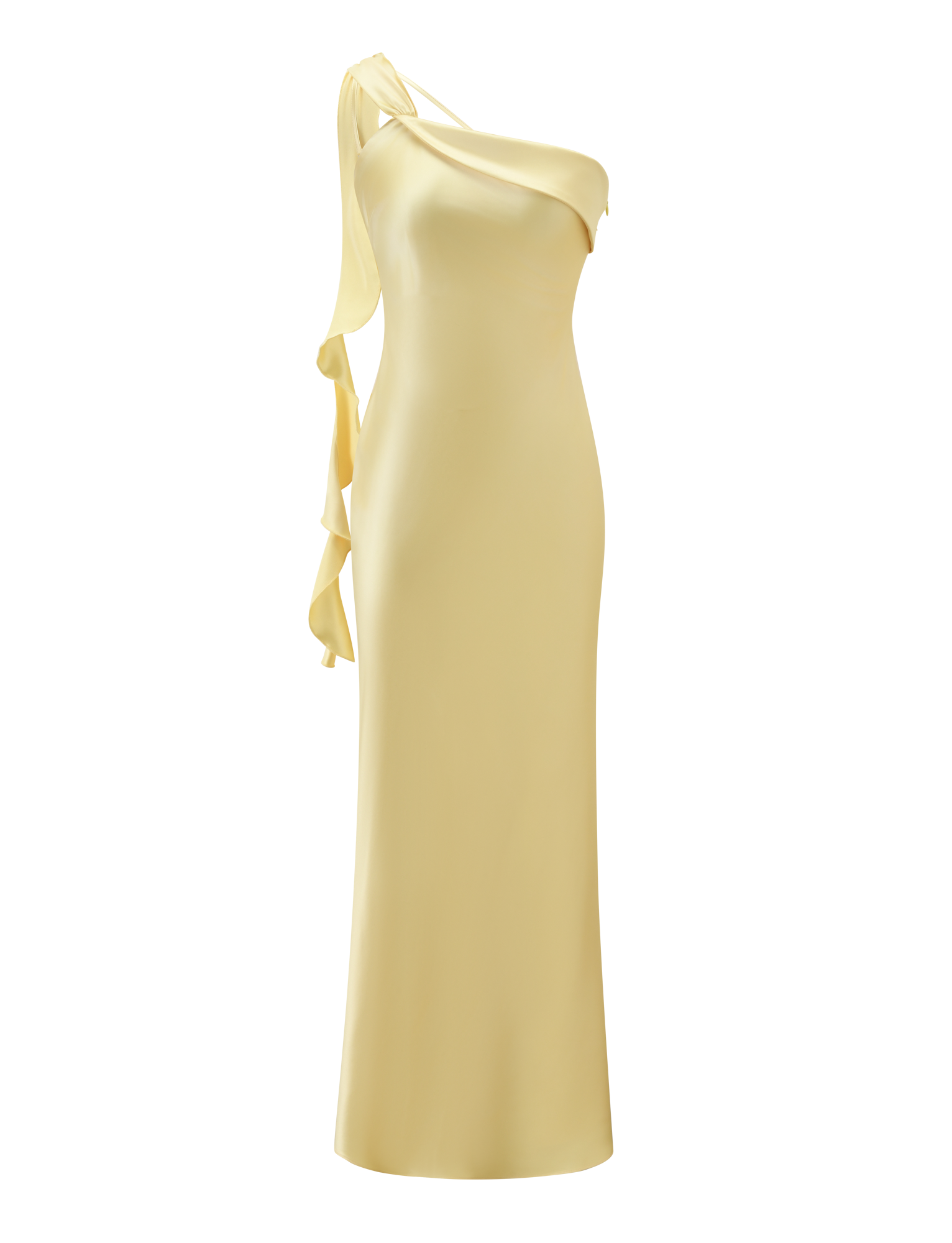 The RAINEY MAXI DRESS by TIGERMIST features a sleek satin silhouette in butter yellow, an asymmetrical one-shoulder neckline, and a cascading draped ribbon for an elegant, floor-length look.