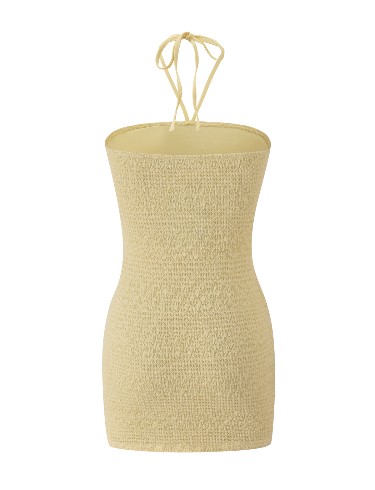 The KORRI DRESS - BUTTER by TIGERMIST is a light yellow, textured dress with a strapless neckline and halter tie, shown on a plain white background.
