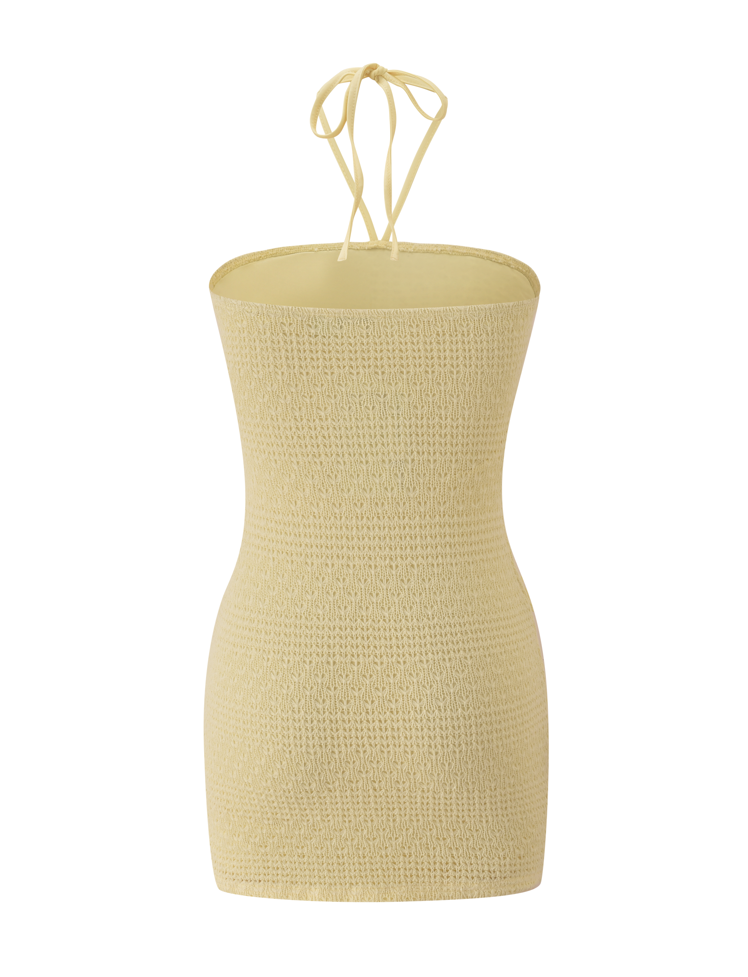 The KORRI DRESS - BUTTER by TIGERMIST is a light yellow, textured dress with a strapless neckline and halter tie, shown on a plain white background.