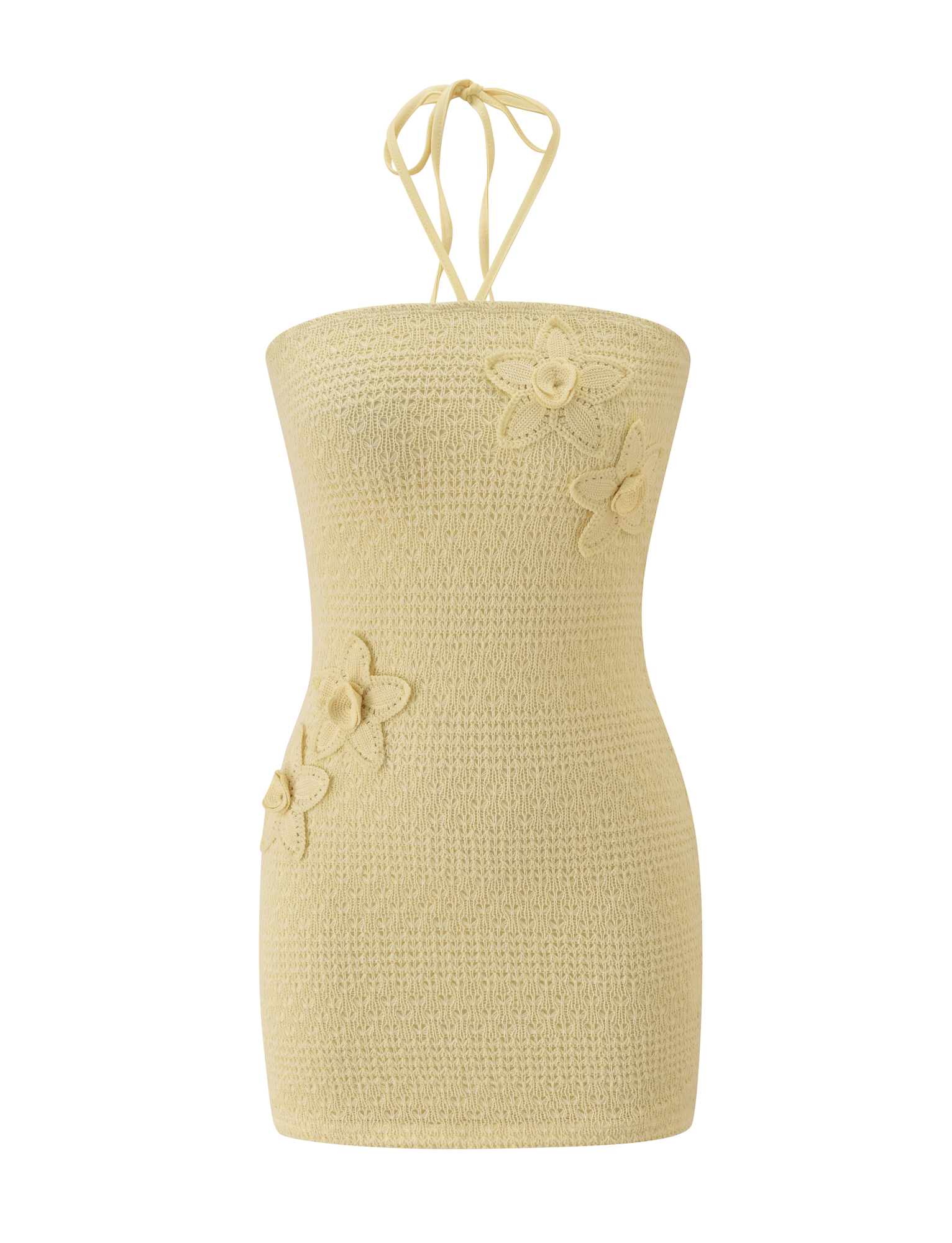 The KORRI DRESS - BUTTER by TIGERMIST is a sleeveless light yellow knit mini with a halter neck tie and three front crochet floral appliques.