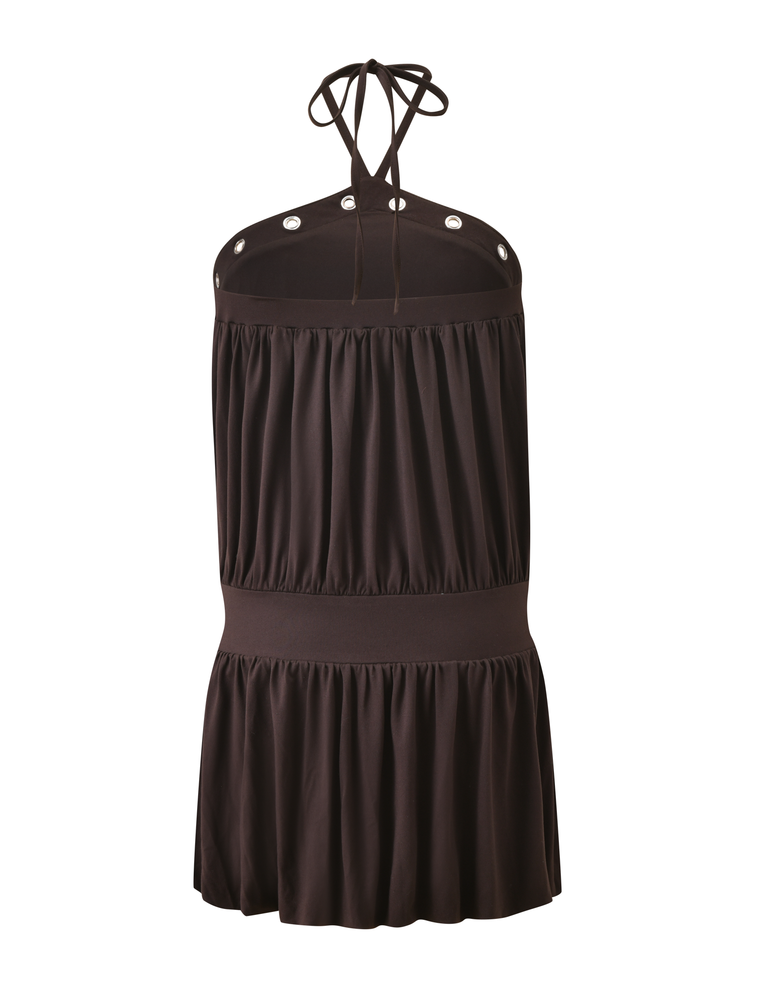 The TIGERMIST NATASHA DRESS in chocolate is a mini halter dress featuring an empire waist, grommet details on the neckline, gathered buttery soft jersey fabric, and a tiered flared skirt. Shown against a plain white background.