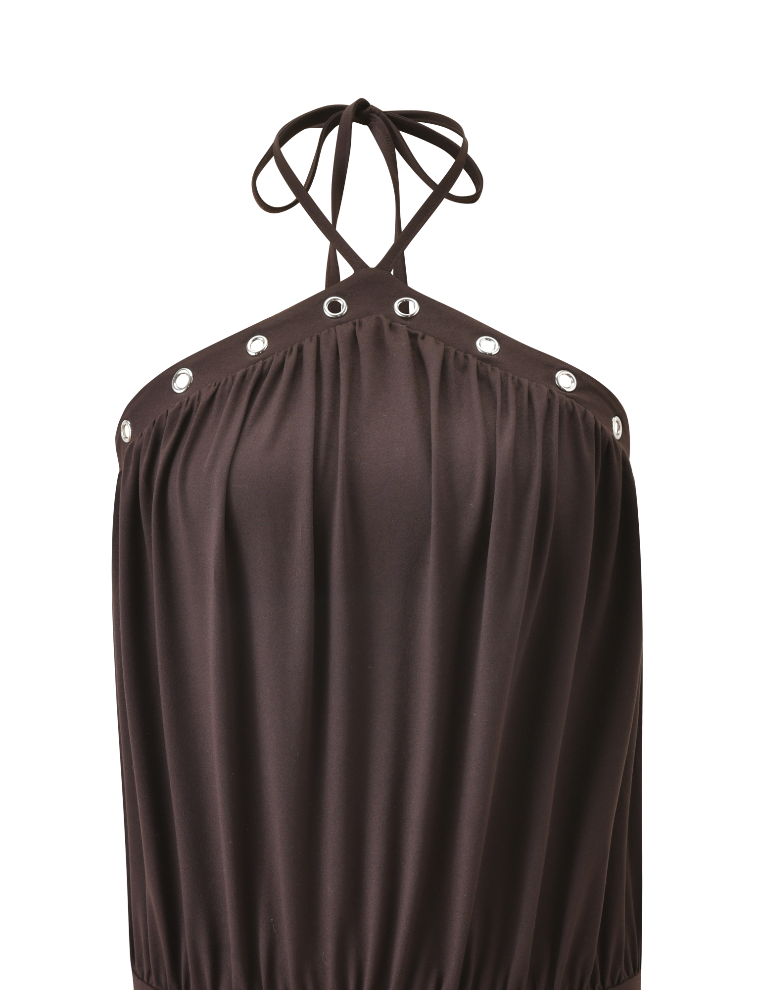 A close-up of the TIGERMIST NATASHA DRESS in chocolate, a mini dress with a halter neckline, gathered buttery-soft jersey fabric, and silver grommet details, shown against a plain white background.