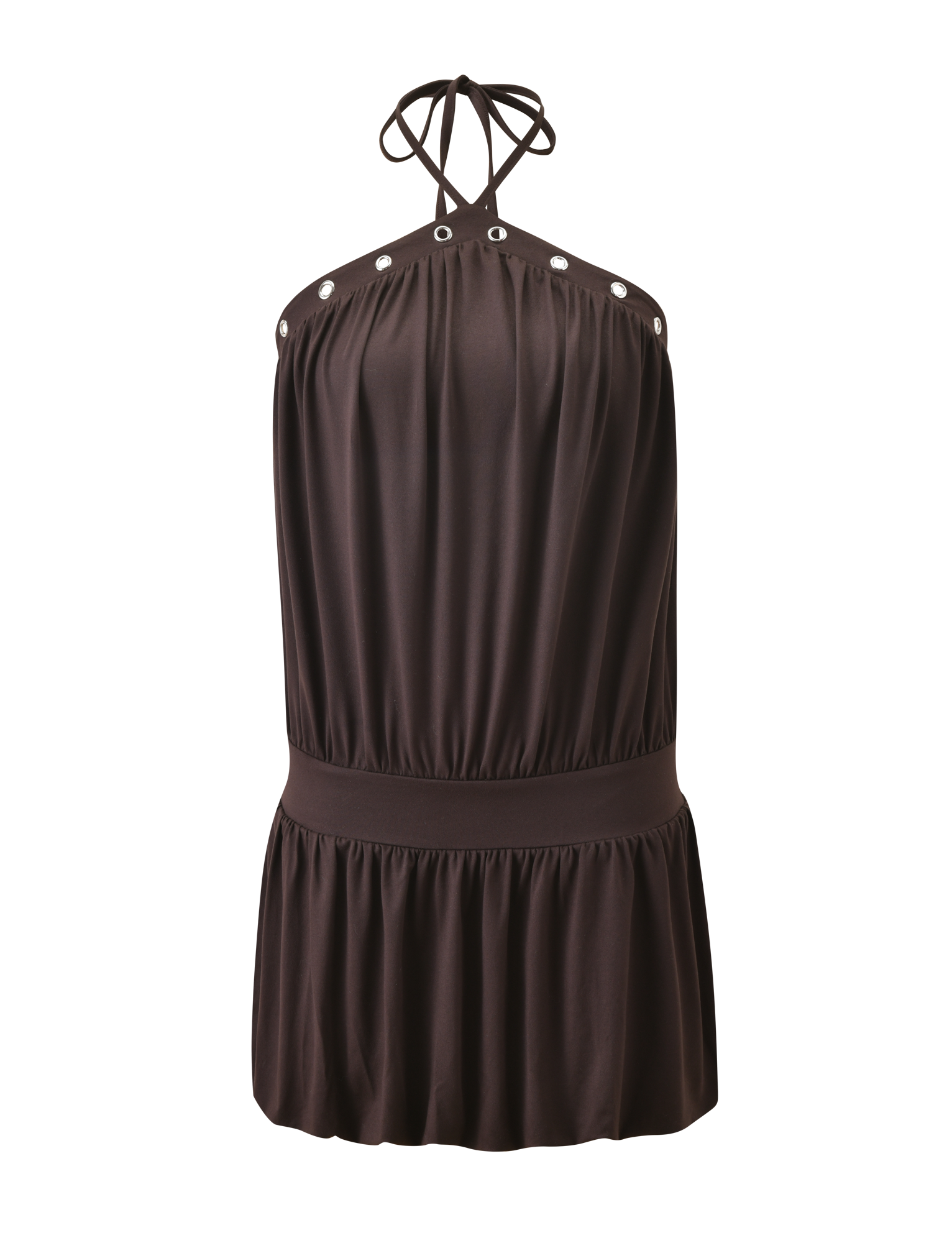 The TIGERMIST NATASHA DRESS - CHOCOLATE is a sleeveless mini dress featuring a halter neckline with silver grommet accents, a wide elastic waistband, and a softly flared buttery jersey skirt for an elegant silhouette.