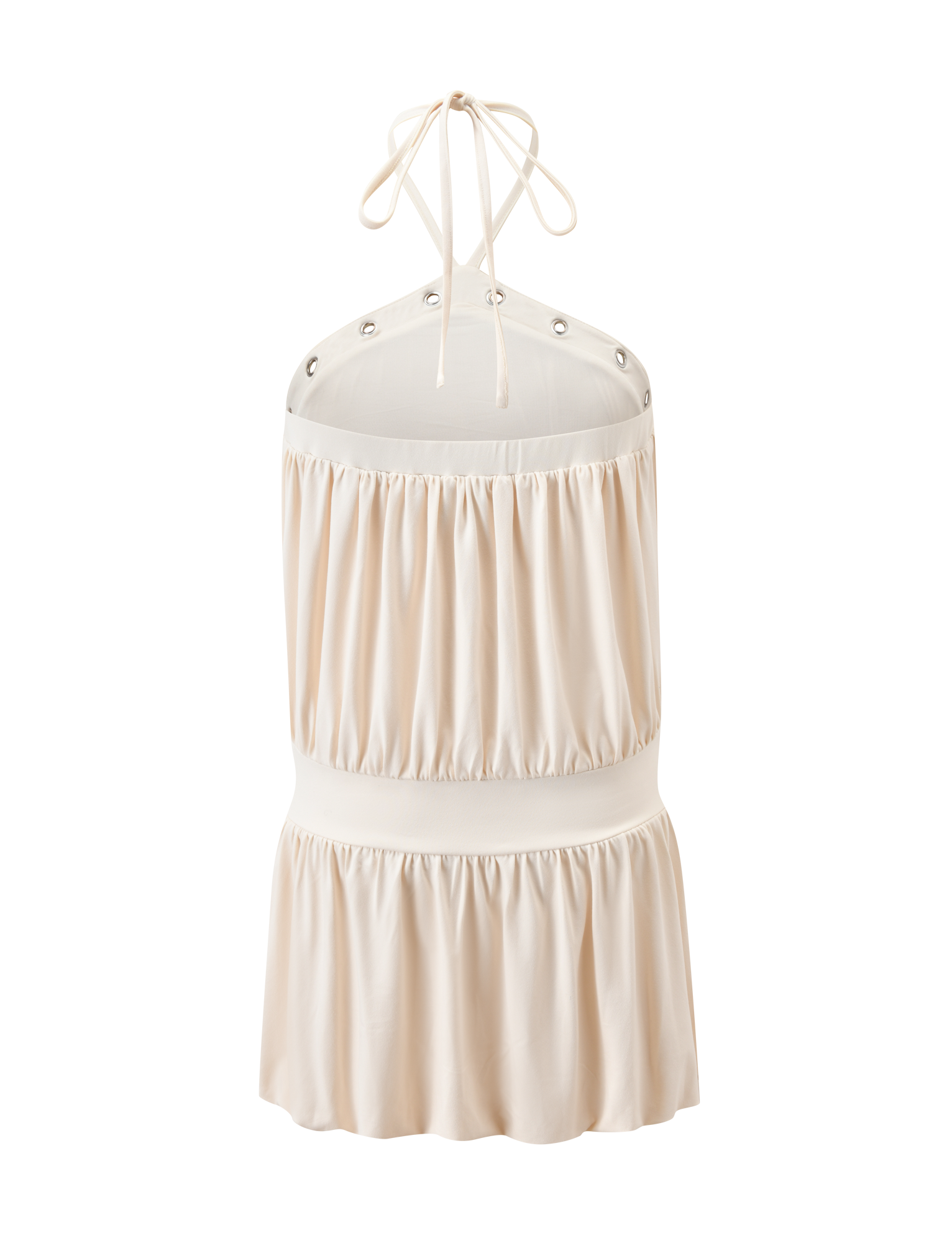 The NATASHA DRESS in cream by TIGERMIST features a sleeveless halter style with a gathered, ruched design, open back, metal grommet accents at the neckline, and chic, softly shiny fabric.