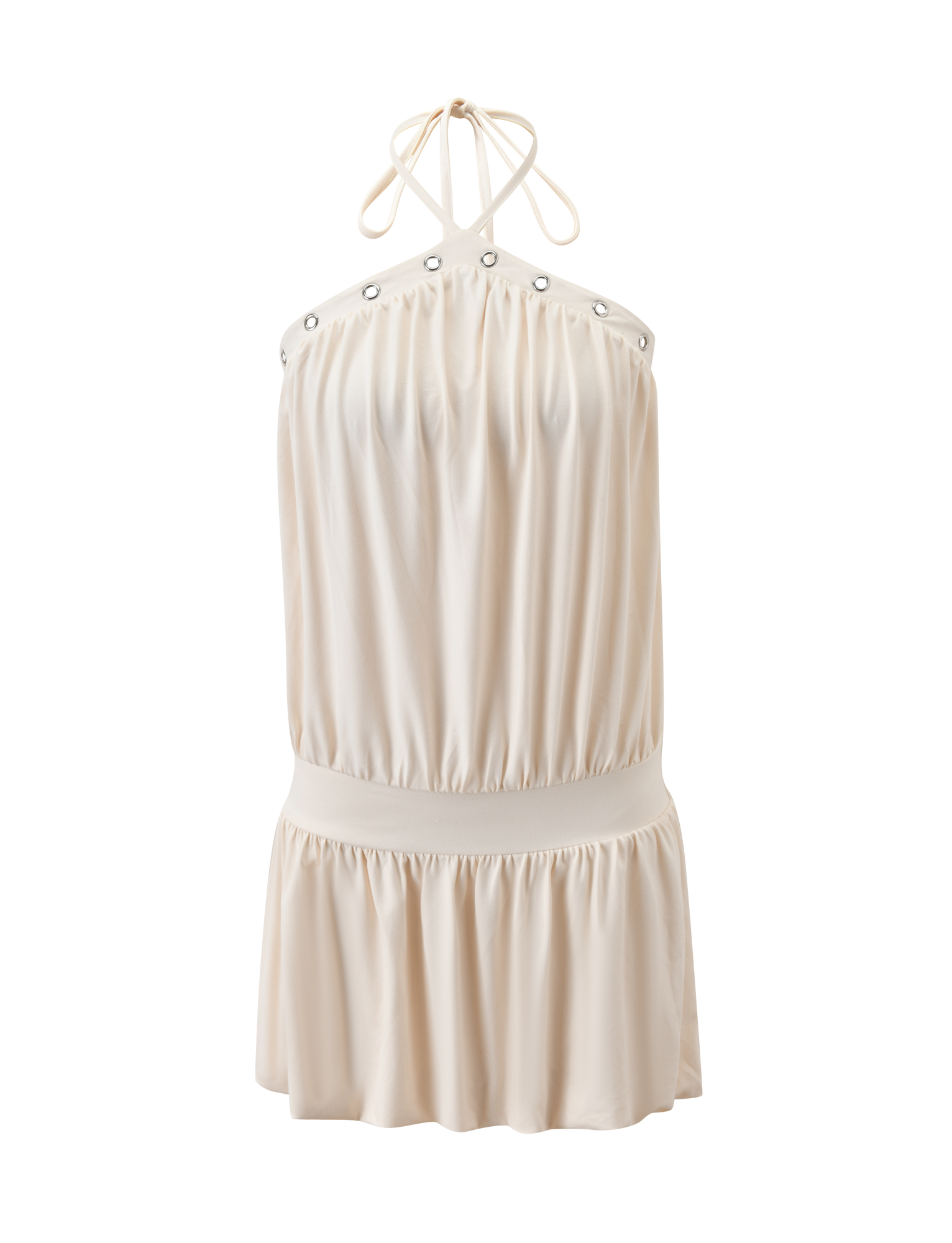 The TIGERMIST NATASHA DRESS - CREAM is a sleeveless mini dress featuring a halter neckline, gathered detail, silver grommet accents, elastic waistband, and slightly flared skirt. Its soft, flowing fabric enhances the simple yet elegant design.