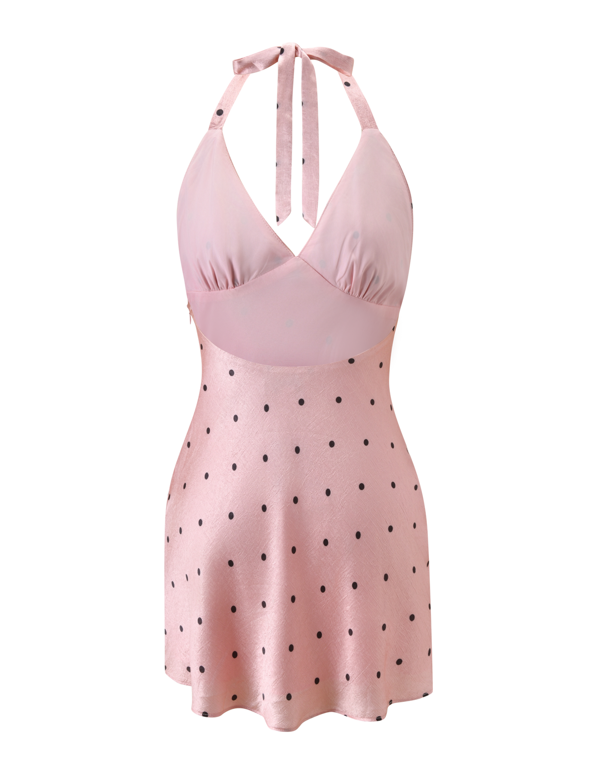 The TIGERMIST CINCIE MINI DRESS - PINK DOT is a pink satin halter-neck dress with a fitted bodice, flared polka dot skirt, and V-neckline, shown against a plain white background.