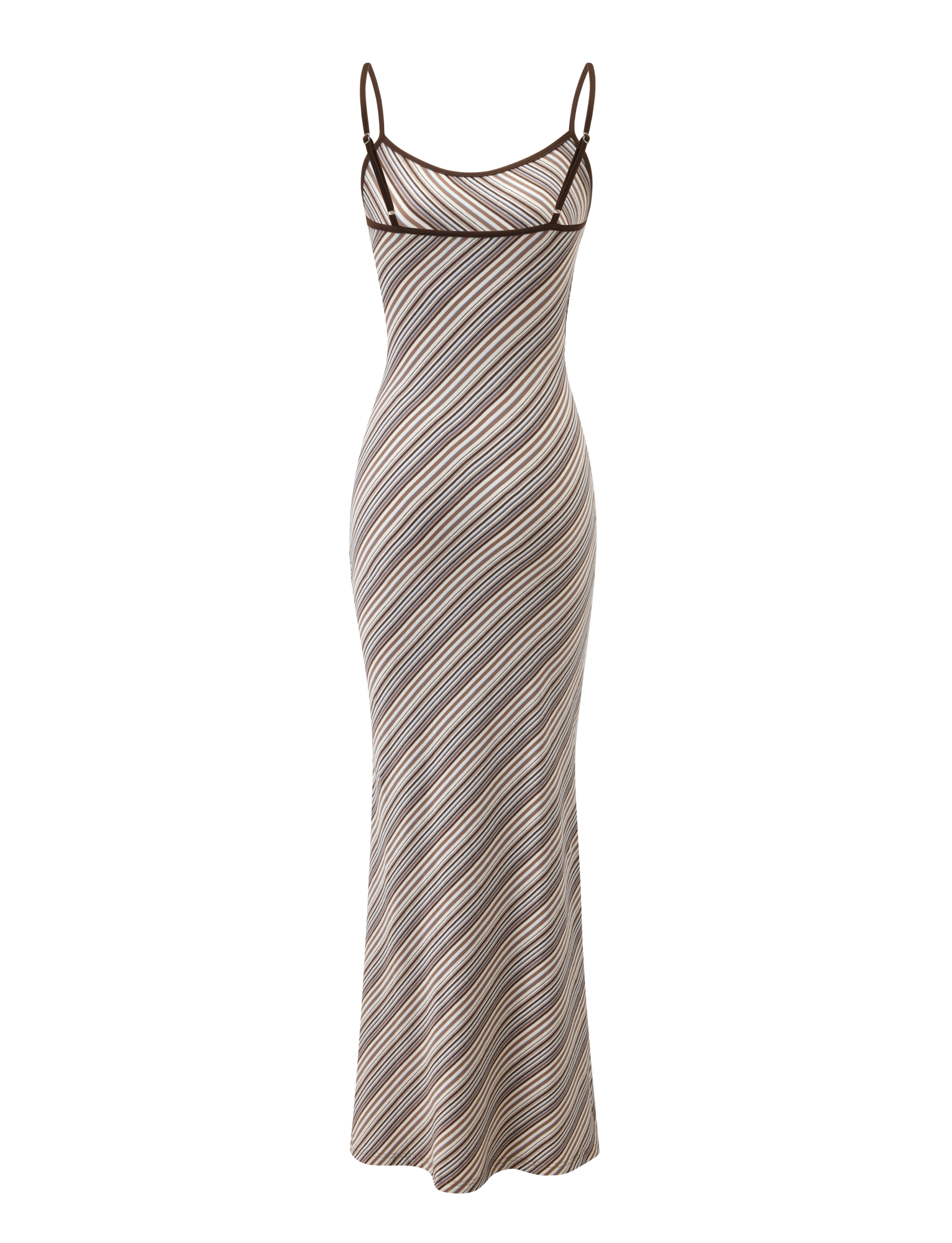 The SLOANE MAXI DRESS - TAN AND CHOC STRIPE by TIGERMIST features adjustable spaghetti straps, a fitted silhouette, and diagonal brown, beige, and white stripes on a sleeveless design.