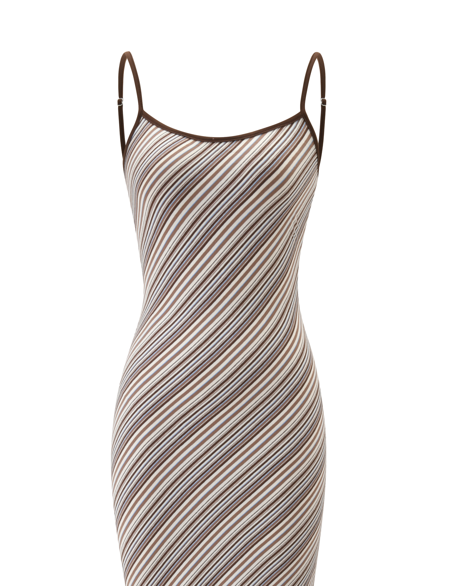 The TIGERMIST SLOANE MAXI DRESS - TAN AND CHOC STRIPE is a sleeveless, form-fitting maxi with adjustable spaghetti straps, diagonal tan and chocolate stripes, and dark brown trim on the neckline and straps for a bold look.