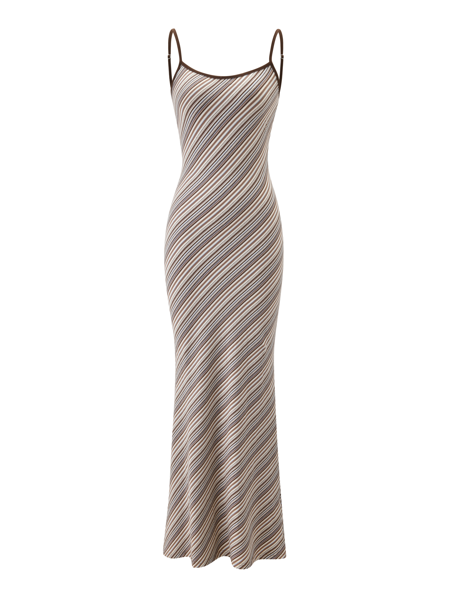 The TIGERMIST SLOANE MAXI DRESS - TAN AND CHOC STRIPE features a sleeveless, fitted silhouette with adjustable spaghetti straps and diagonal brown, beige, and cream stripes on a light background, showcased on a plain white backdrop.