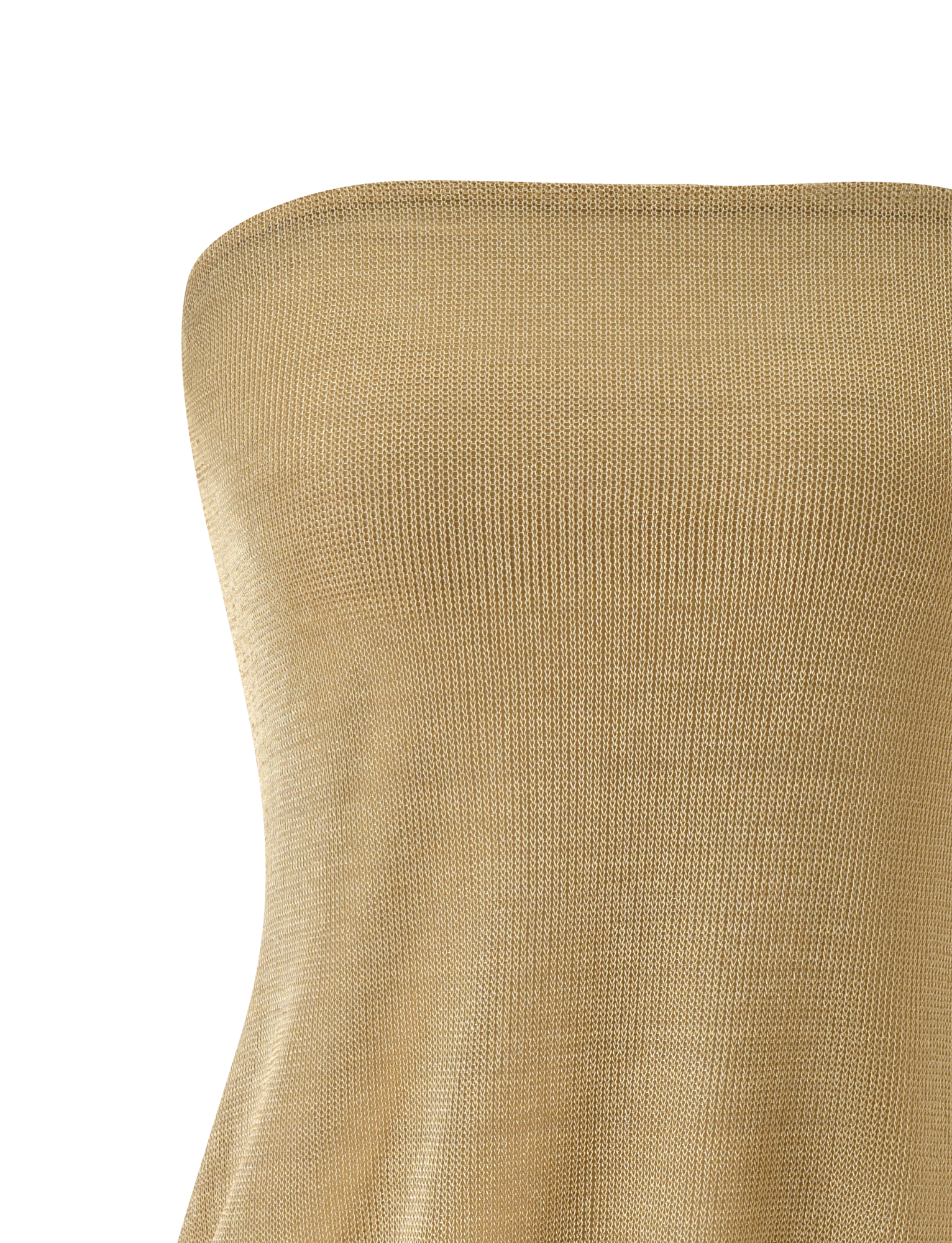 A close-up of the ADELYN MINI DRESS by TIGERMIST in metallic gold, displayed on a white background, highlights the shimmering knit fabric and smooth, form-fitting strapless design—perfect for wearing as a statement bodycon mini dress or layering with your favorite metallic looks.