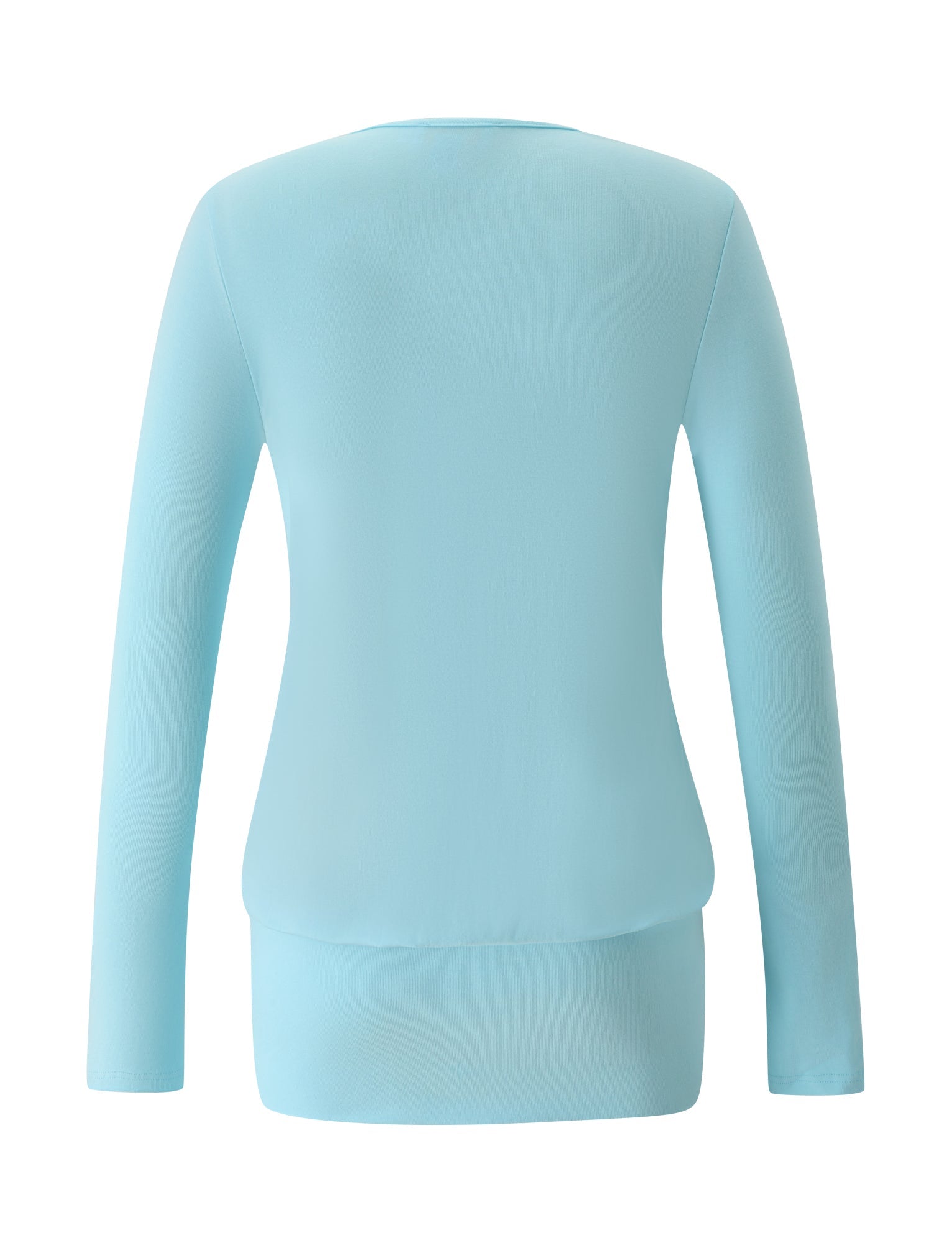 Back view of the TIGERMIST FOXLEY MINI DRESS in aqua blue, featuring long sleeves and a rounded neckline with a sleek, plain design. Styled for a modern minimalist look with no visible patterns or embellishments.