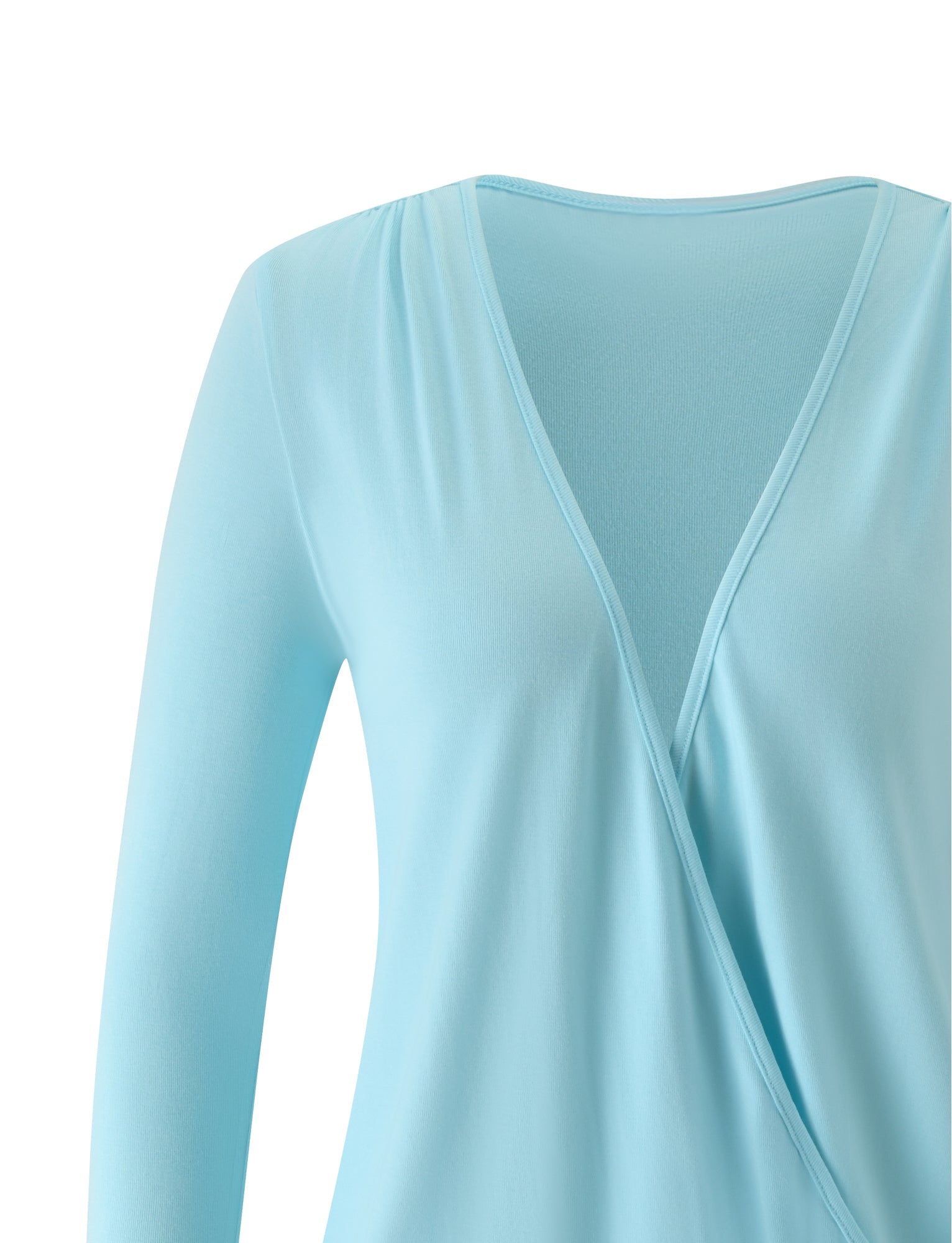 Introducing the FOXLEY MINI DRESS in Aqua Blue by TIGERMIST, this dress features long sleeves and a deep V-neckline with a wrap-style front reminiscent of a surplice design. The smooth, lightweight fabric is showcased in the upper part of the garment against a white background.