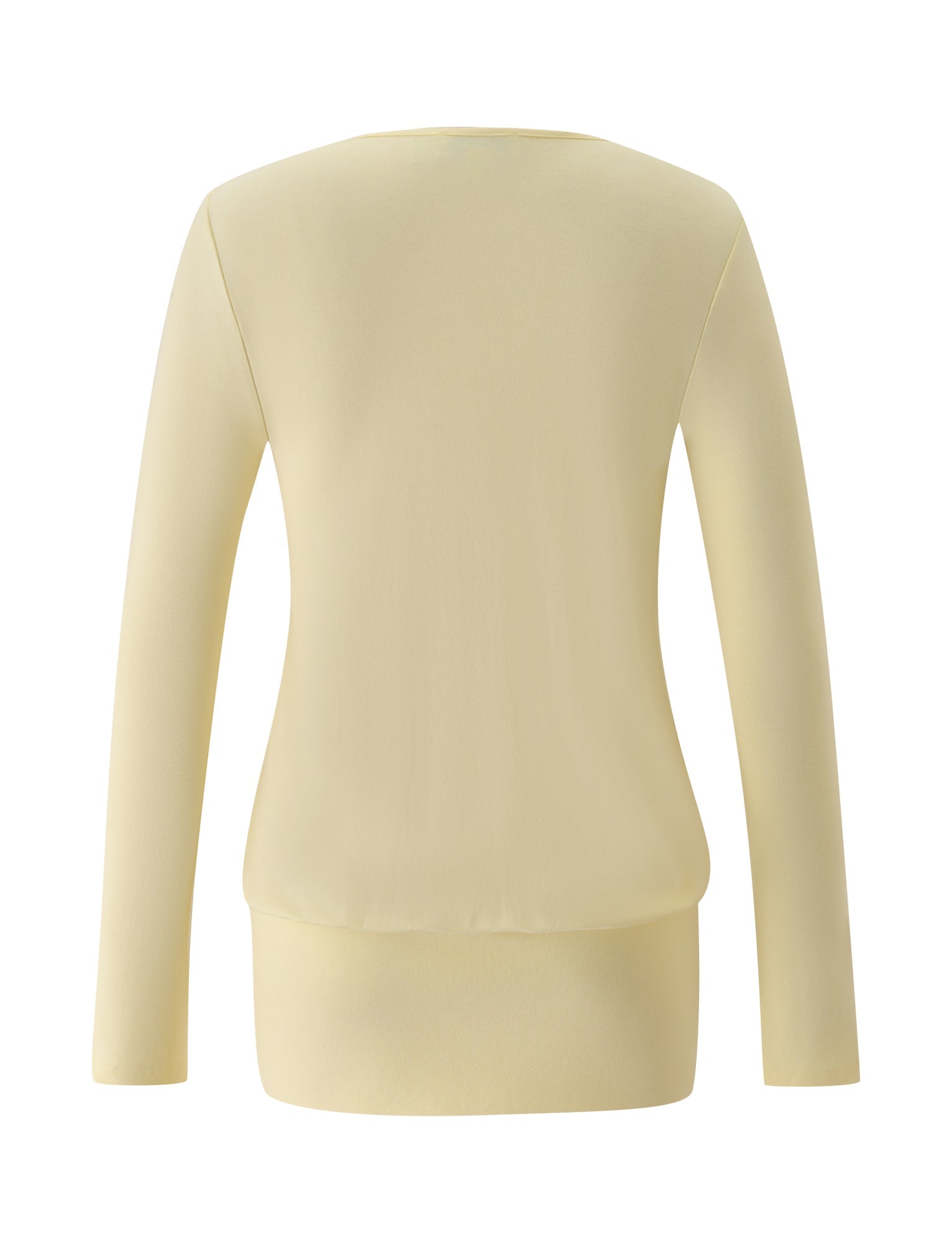 Back view of the FOXLEY MINI DRESS in Butter Cream by TIGERMIST—a plain, long-sleeved women’s dress featuring a round neckline and a fitted silhouette, shown on a white background. This stylish piece is perfect for pairing with your favorite beach club look or layering for effortless style.