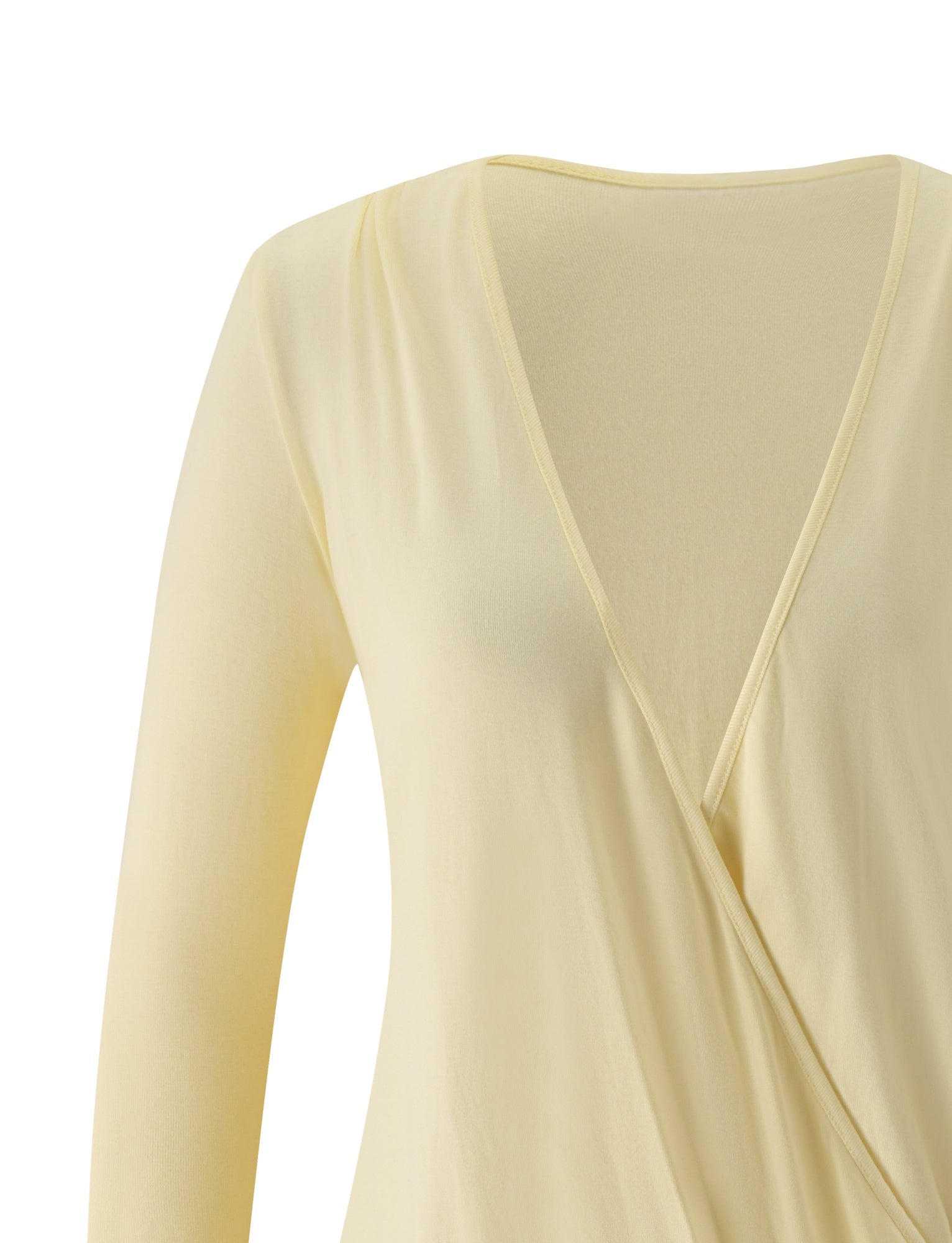 A close-up of the TIGERMIST FOXLEY MINI DRESS in butter cream—a pale yellow long-sleeve mini dress featuring a deep V-neck and wrap-style front—perfect for your next beach club outfit, shown against a plain white background.