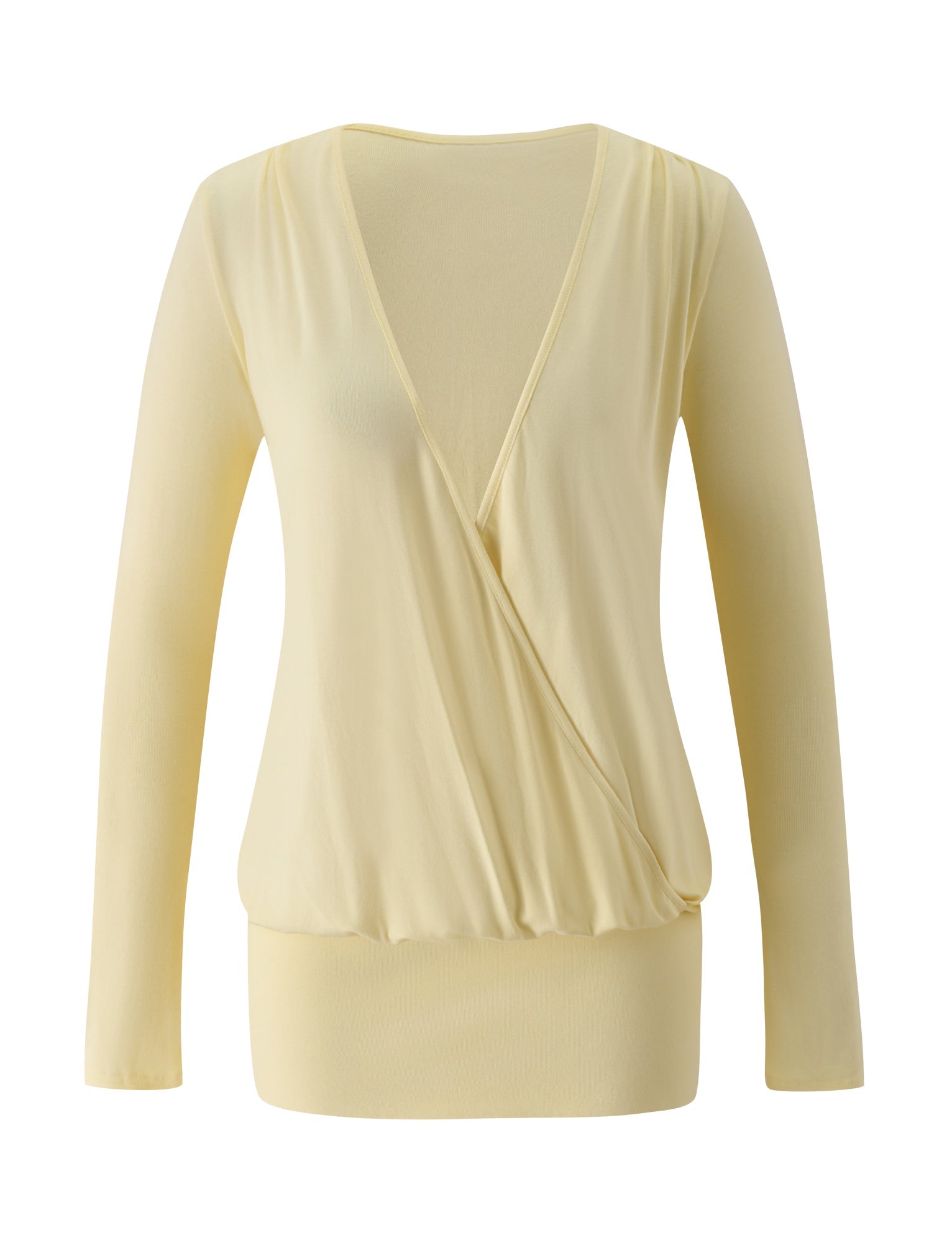 The FOXLEY MINI DRESS in Butter Cream by TIGERMIST features a light yellow hue, long sleeves, a deep V-neckline, and a faux wrap front with a fitted waistband—making it an ideal choice for your beach club ensemble. The dress is showcased against a plain white background.