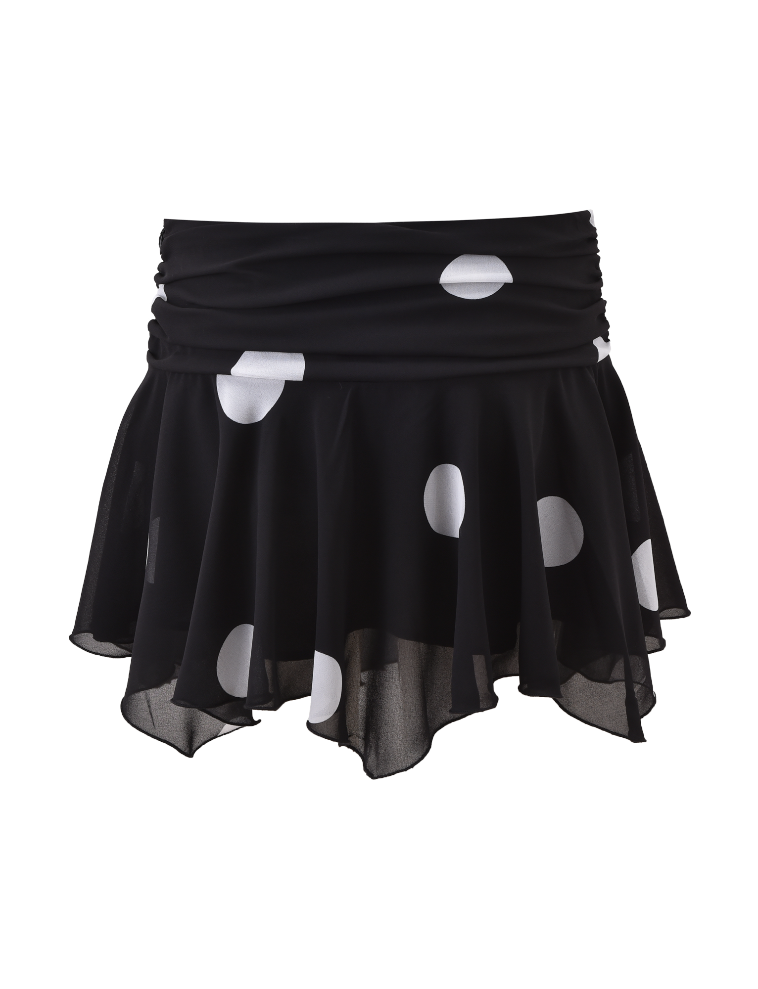 The TIGERMIST AYDIN MINI SKIRT - BLACK is a black chiffon mini skirt with bold white polka dots, a ruched waistband, and a playful asymmetrical hem.