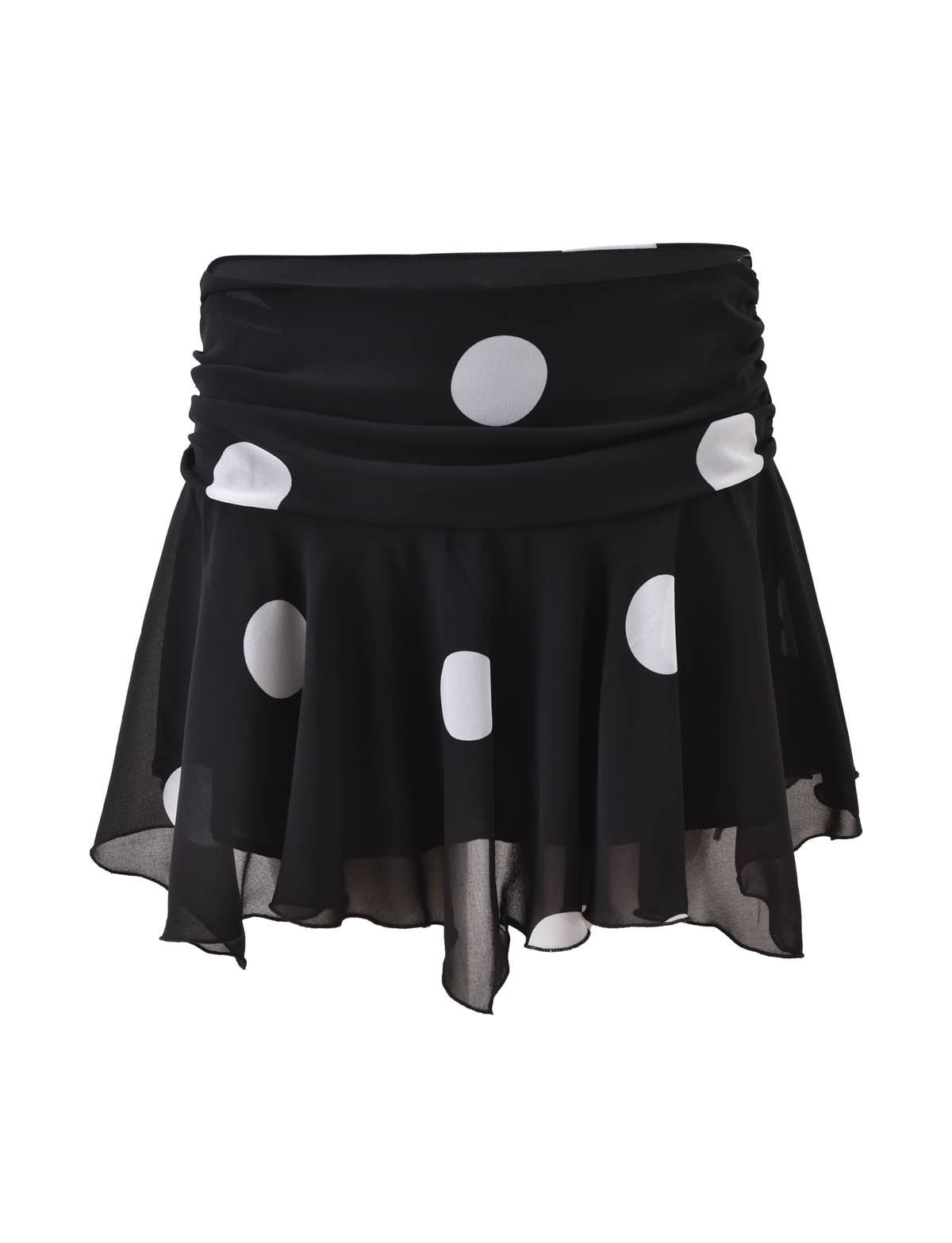 The AYDIN MINI SKIRT - BLACK by TIGERMIST is a black polka dot skirt with an asymmetrical handkerchief hem, crafted from airy chiffon and shown on a plain white background.