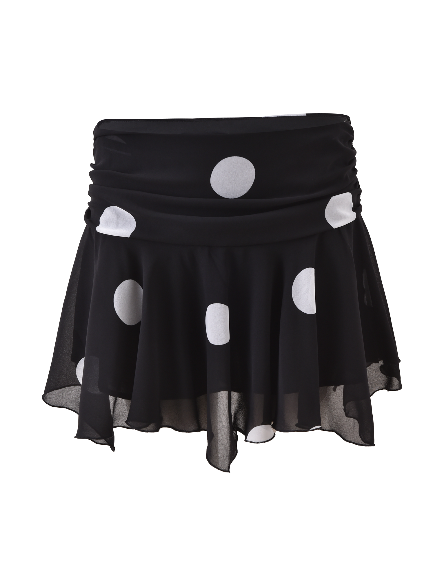 The AYDIN MINI SKIRT - BLACK by TIGERMIST is a black polka dot skirt with an asymmetrical handkerchief hem, crafted from airy chiffon and shown on a plain white background.