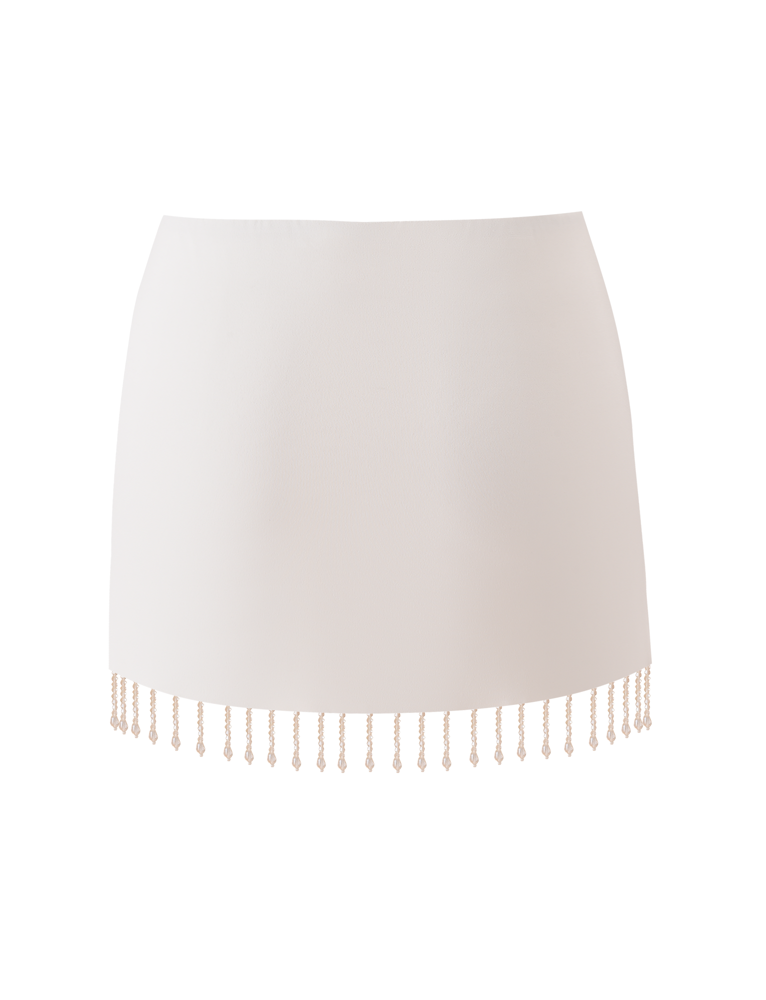 The TIGERMIST AUBRIELLA TASSLE MINI SKIRT in cream features a fitted, straight silhouette with a beaded tassel fringe along the hem, displayed against a plain white background.