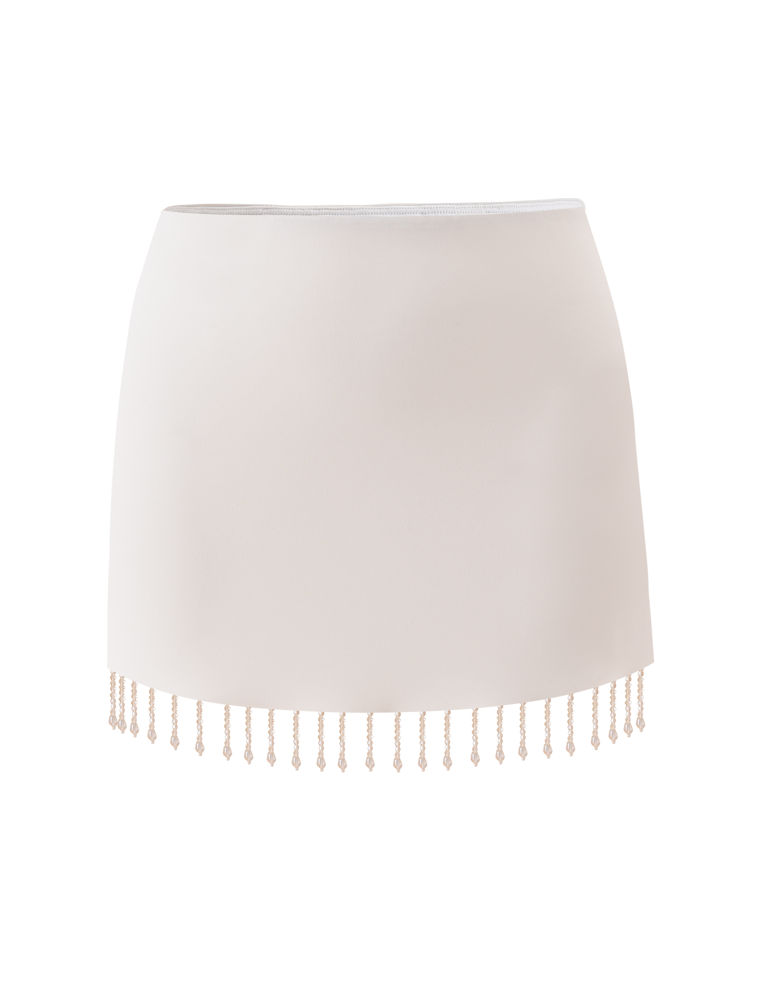 The TIGERMIST AUBRIELLA TASSLE MINI SKIRT in cream is a high-waisted, fitted mini skirt with a straight cut and delicate beaded tassel fringe along the hem. Photographed against a plain white background.