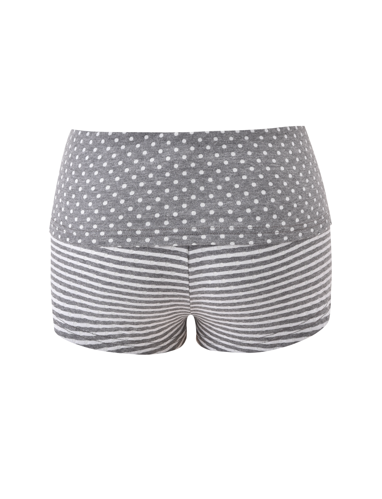The DASHIELL MINI SHORT by TIGERMIST in heather grey features a high-waist design with polka dots and horizontal stripes, resembling rib knit shorts, shown against a plain white background.