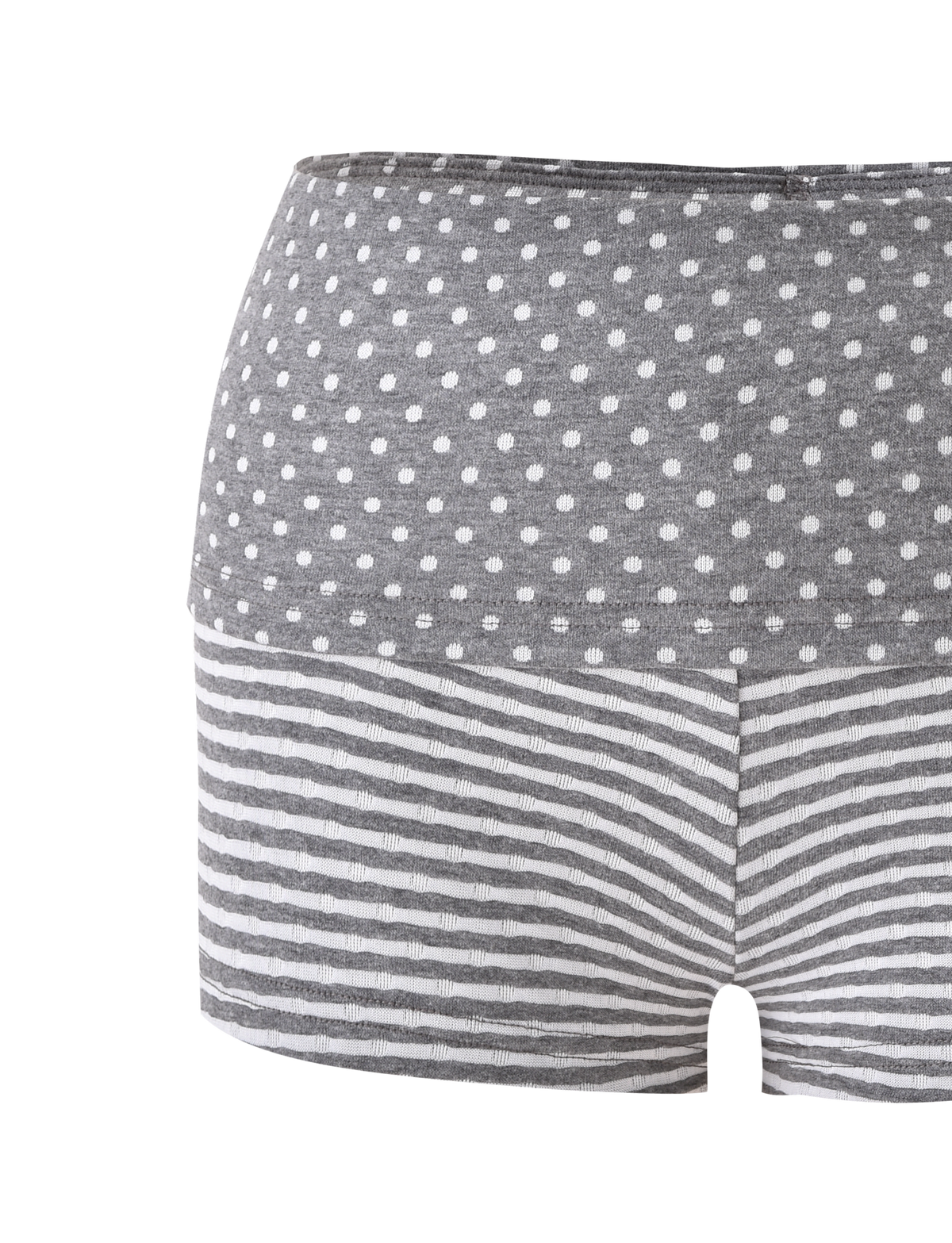 The DASHIELL MINI SHORT - HEATHER GREY by TIGERMIST features a gray and white rib knit design with white polka dots on the top half and horizontal stripes below, shown against a plain white background.