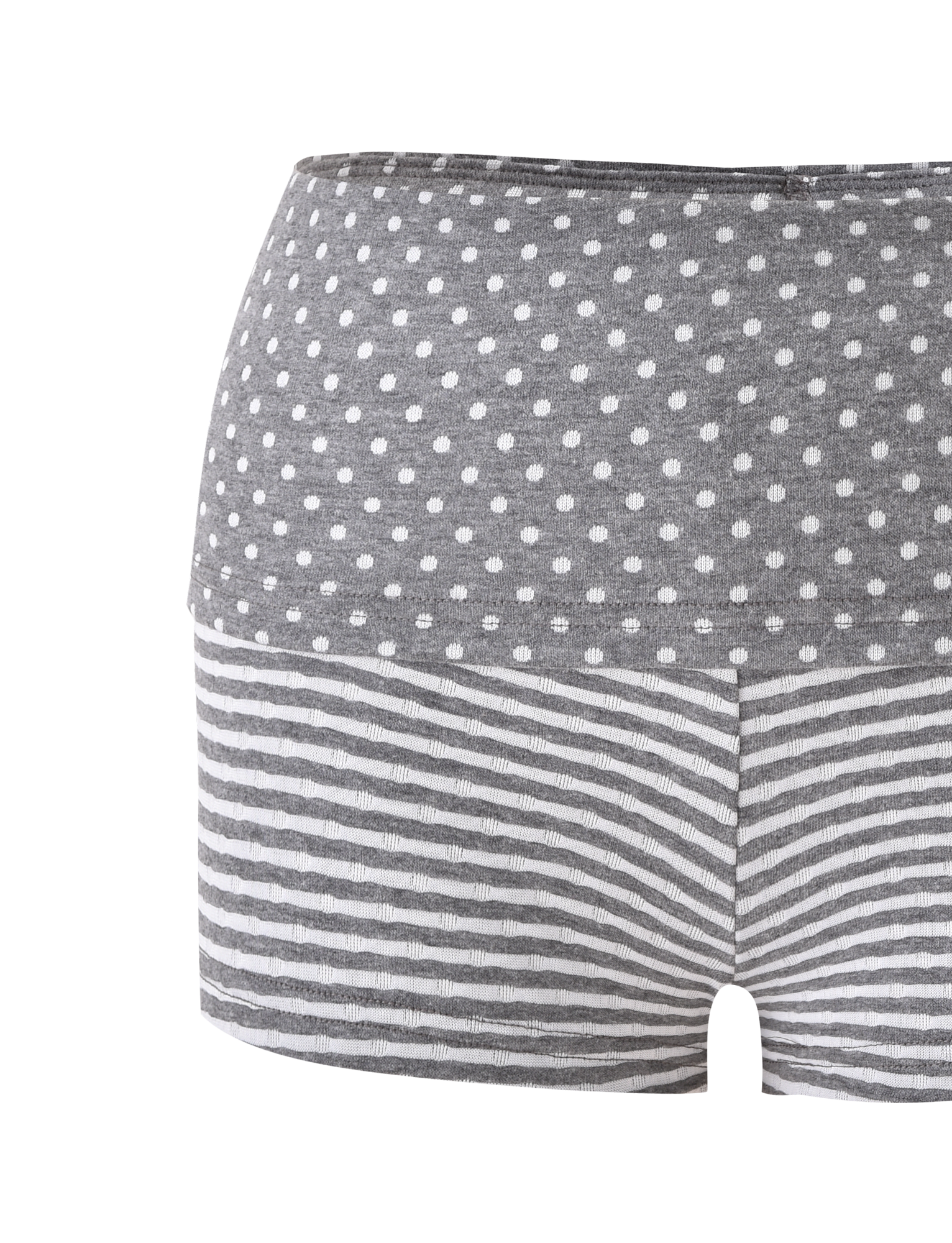 The DASHIELL MINI SHORT - HEATHER GREY by TIGERMIST features a gray and white rib knit design with white polka dots on the top half and horizontal stripes below, shown against a plain white background.