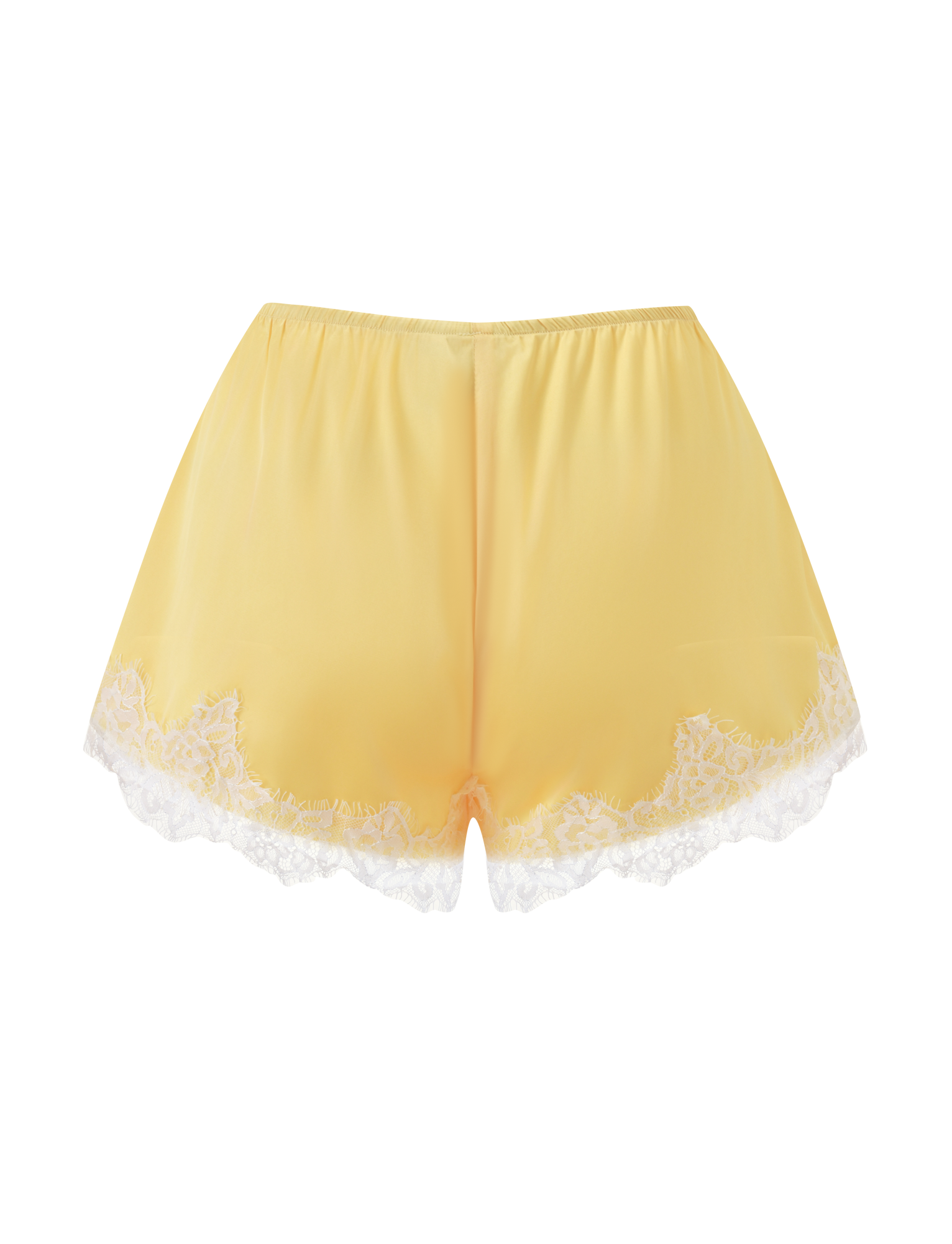 The SOLSTICE SHORT- YELLOW by TIGERMIST is a yellow satin mini short with a loose fit and delicate white lace trim at the hem, shown against a plain white background.