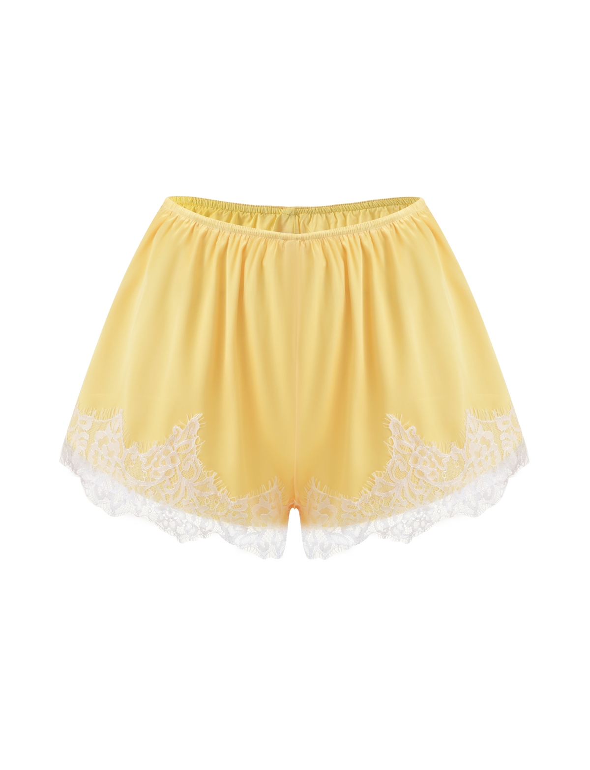 The TIGERMIST SOLSTICE SHORT in yellow is a satin mini short featuring an elastic waistband and delicate white lace trim along the hem, shown against a plain white background.