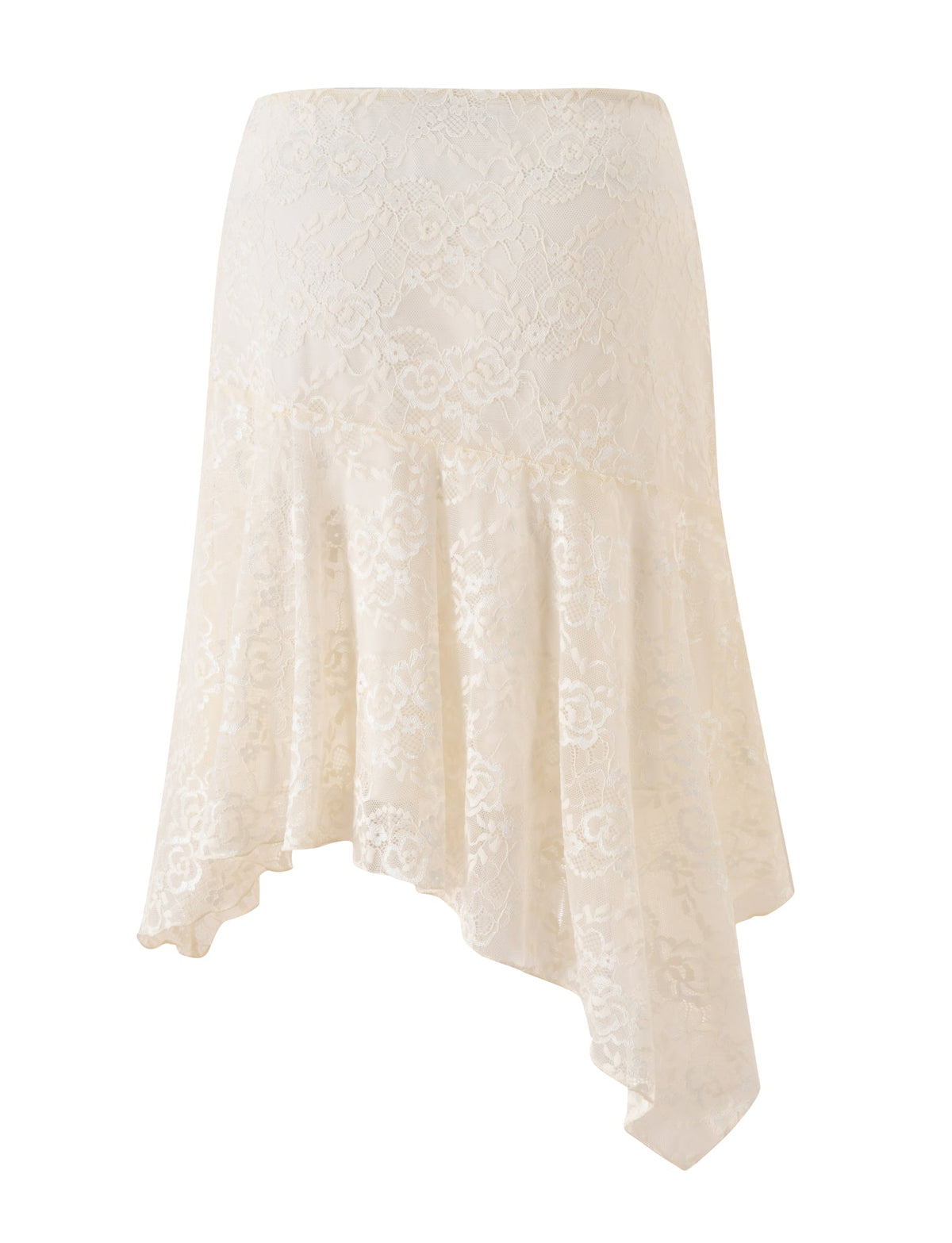 The TONYA MIDI SKIRT - CREAM by TIGERMIST features an asymmetrical hemline and delicate floral lace patterns in a soft, ivory hue. With its flowing silhouette, this skirt is the perfect choice for a romantic dinner, offering effortless elegance to your look.