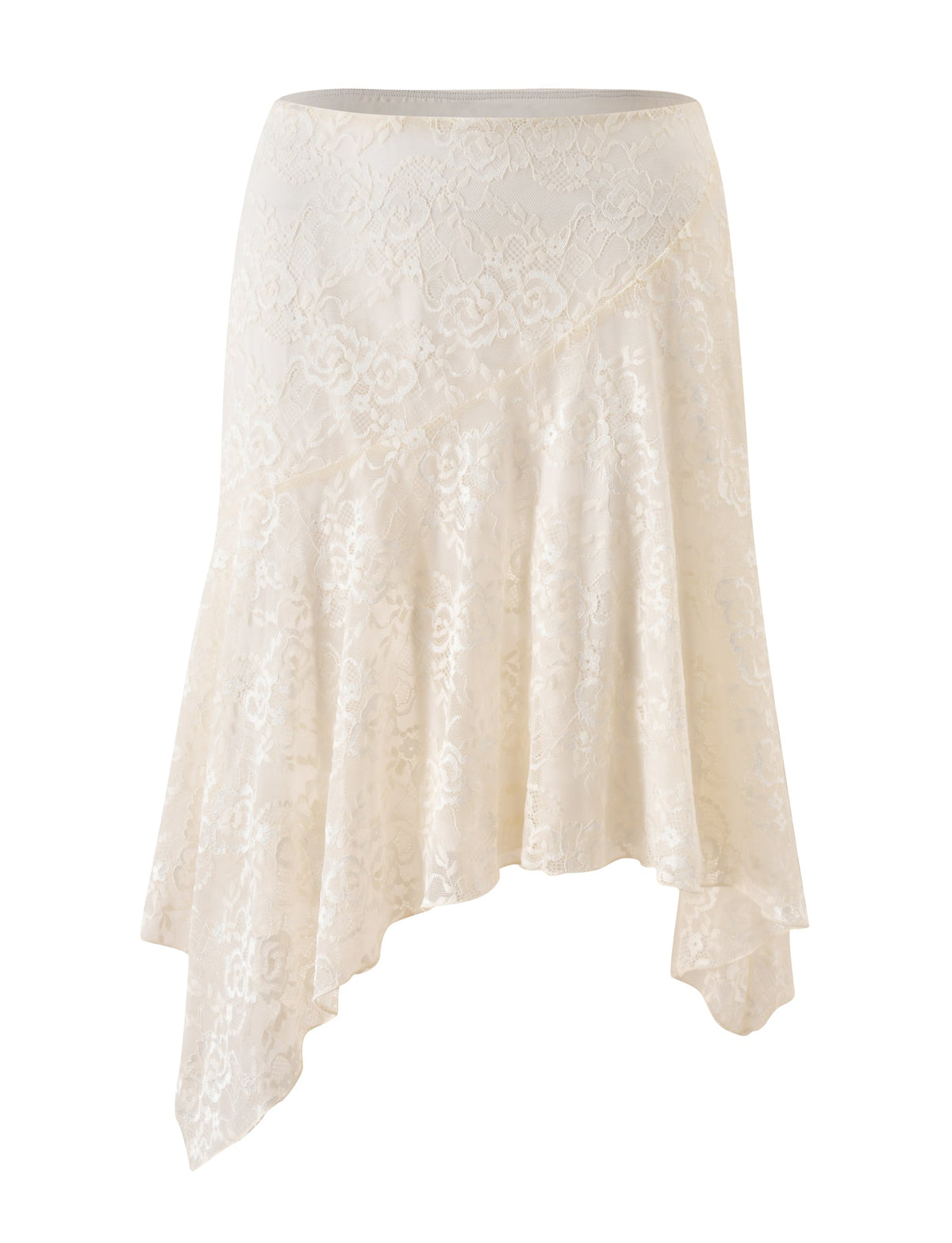 The TONYA MIDI SKIRT in cream by TIGERMIST showcases an ivory lace design with an asymmetrical hem, delicate floral patterns, and a flowy, elegant silhouette—making it the ideal cream lace midi skirt for a romantic dinner outfit.